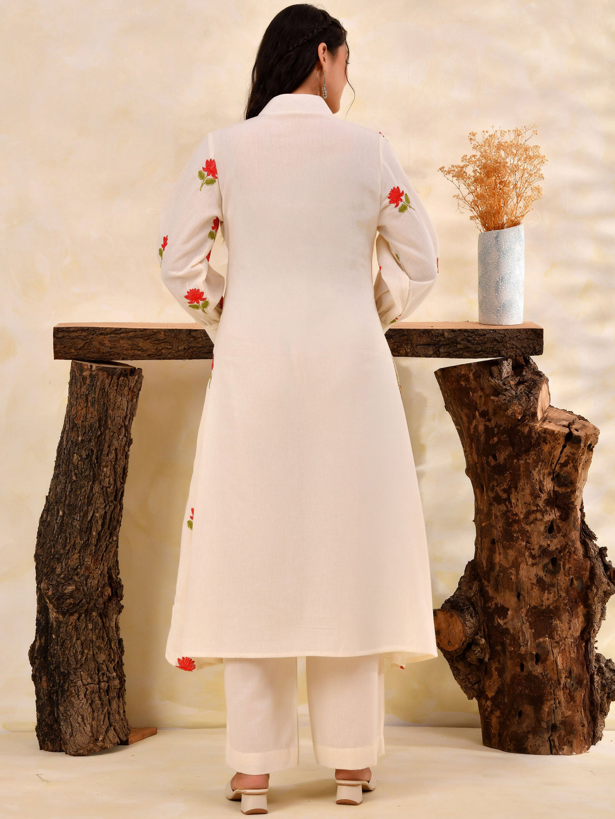 Embroidered Linen cotton Solid A-line Off White Kurta