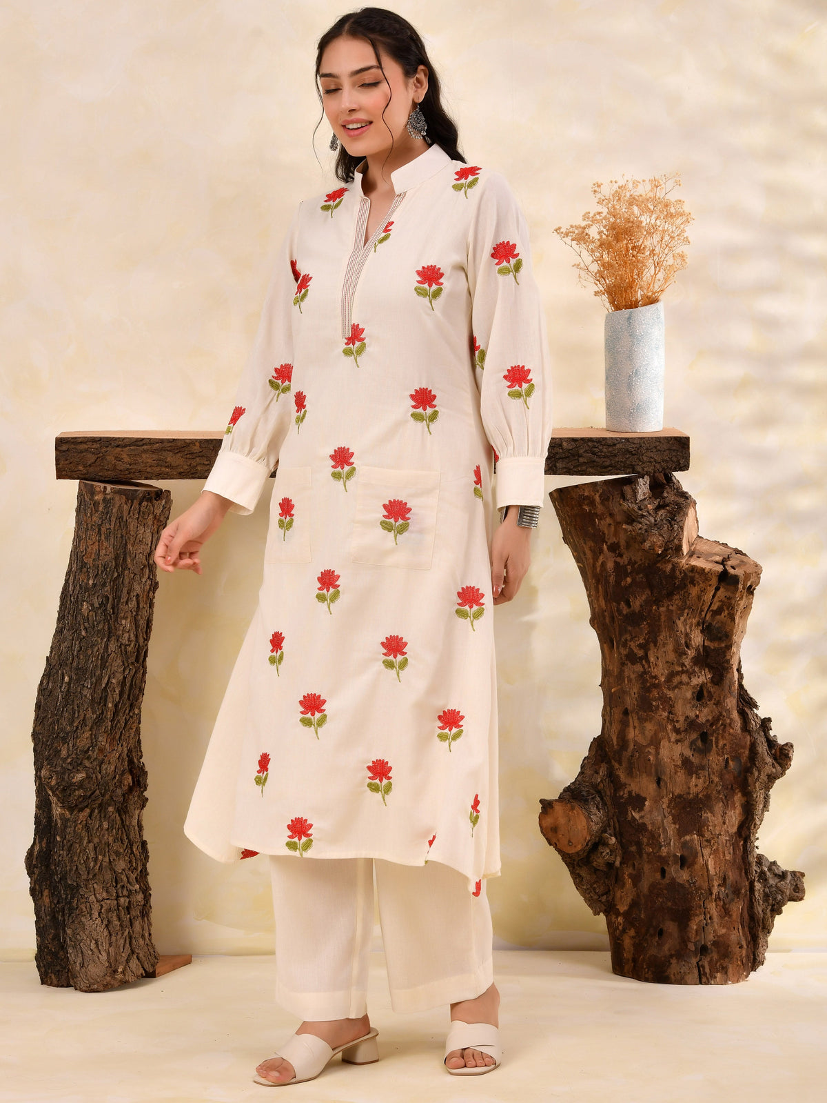 Embroidered Linen cotton Solid A-line Off White Kurta