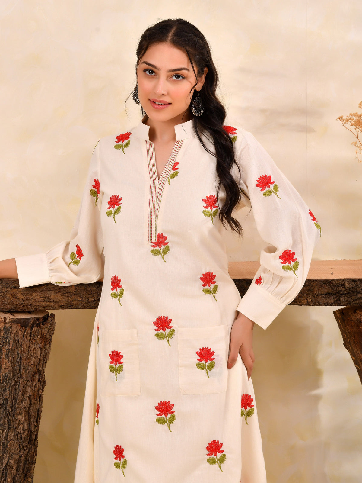 Embroidered Linen cotton Solid A-line Off White Kurta