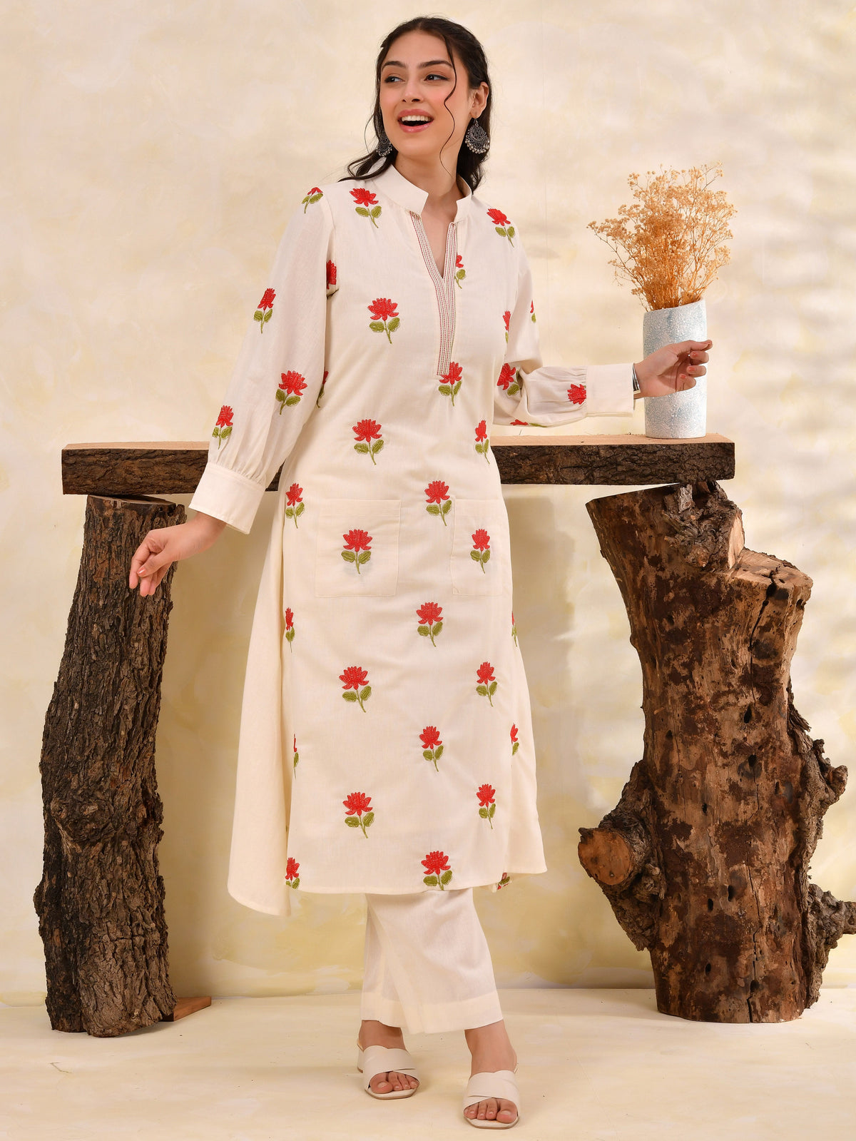 Embroidered Linen cotton Solid A-line Off White Kurta