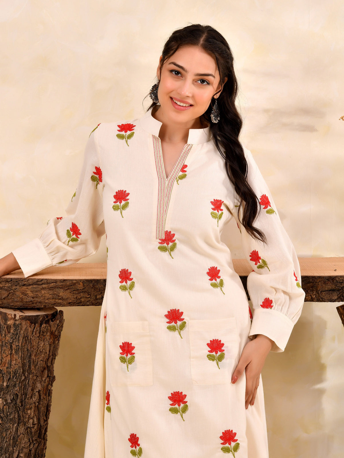 Embroidered Linen cotton Solid A-line Off White Kurta