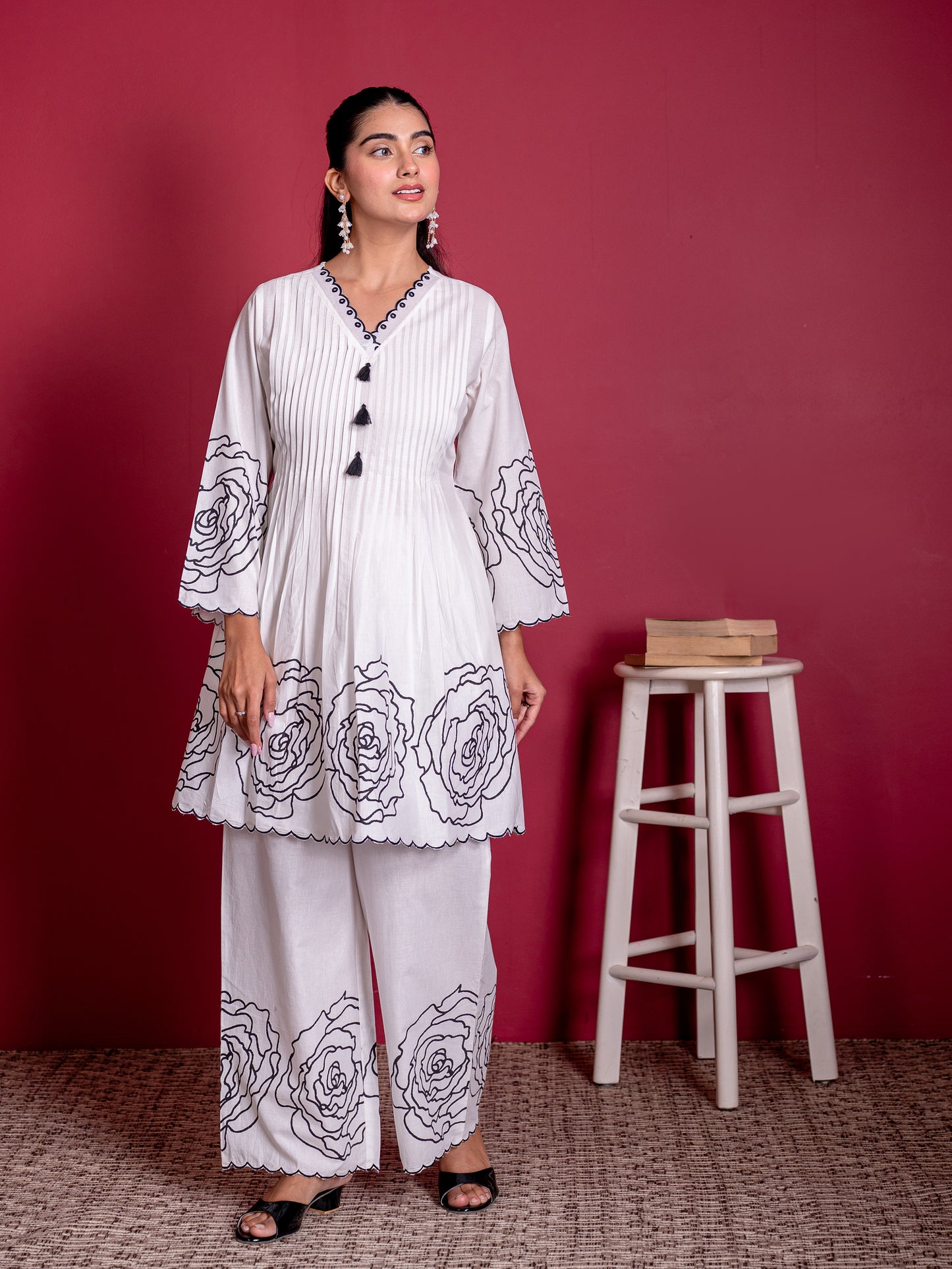 Embroidered Soft cotton Placement Print Flared White Kurta