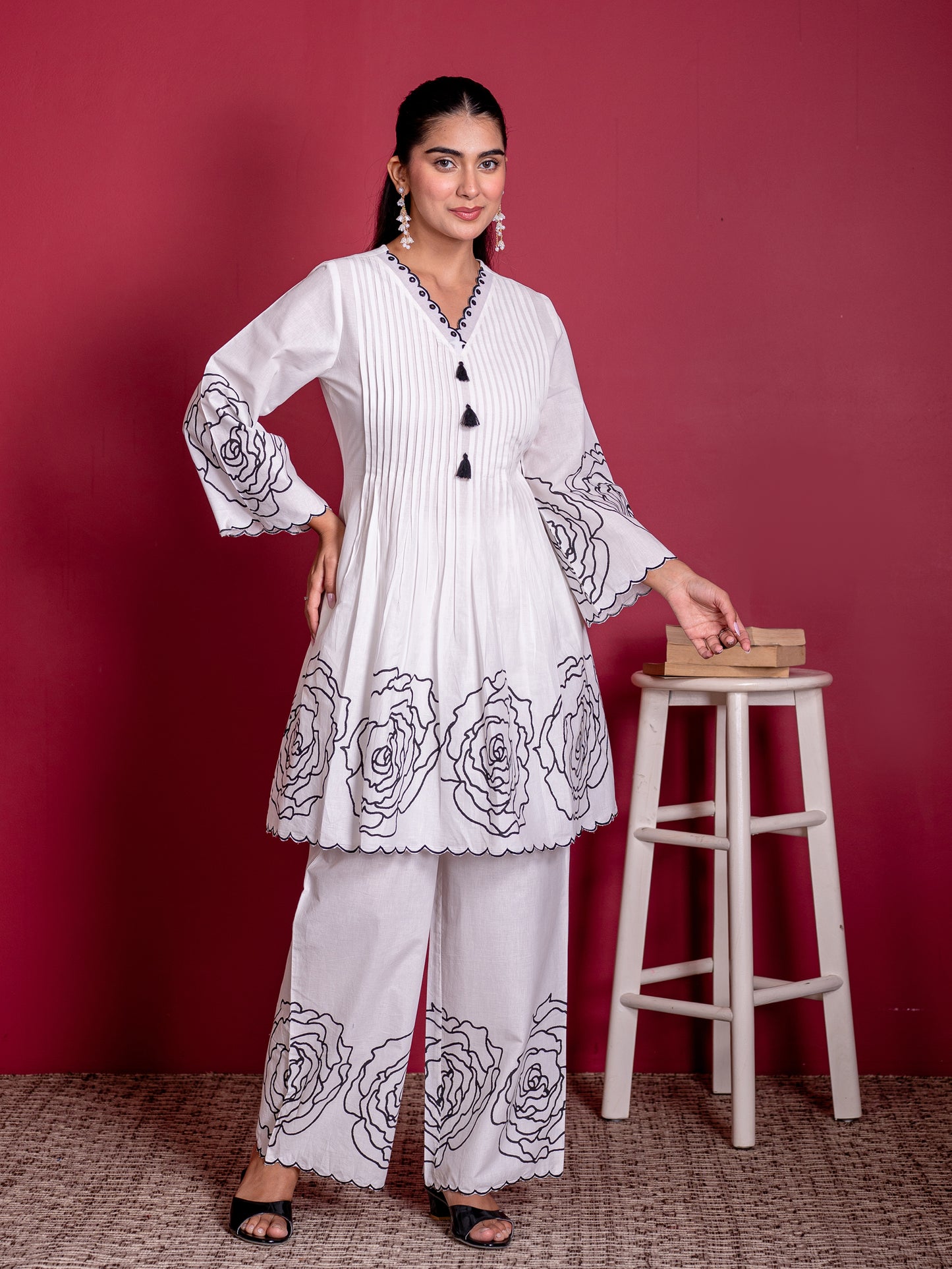 Embroidered Soft cotton Placement Print Flared White Kurta