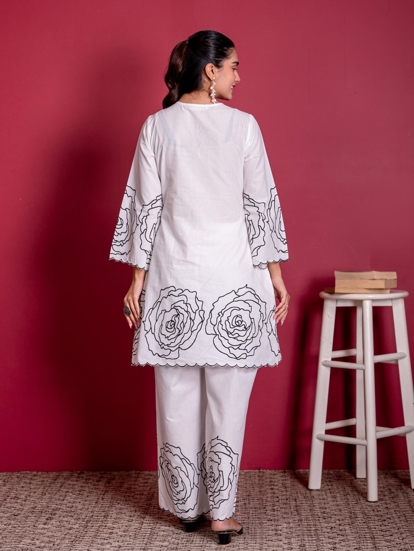 Embroidered Soft cotton Placement Print Flared White Kurta