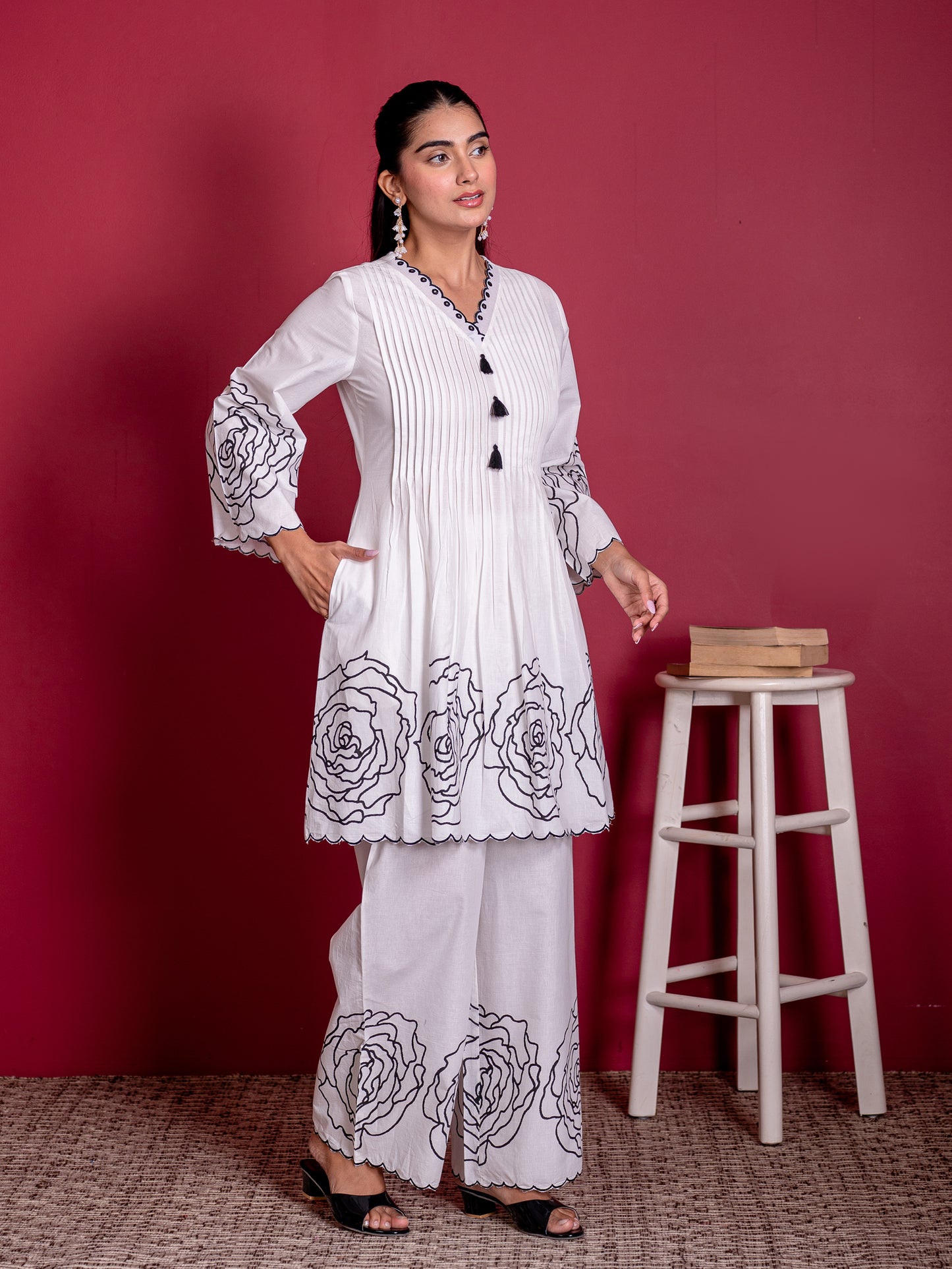 Embroidered Soft cotton Placement Print Flared White Kurta