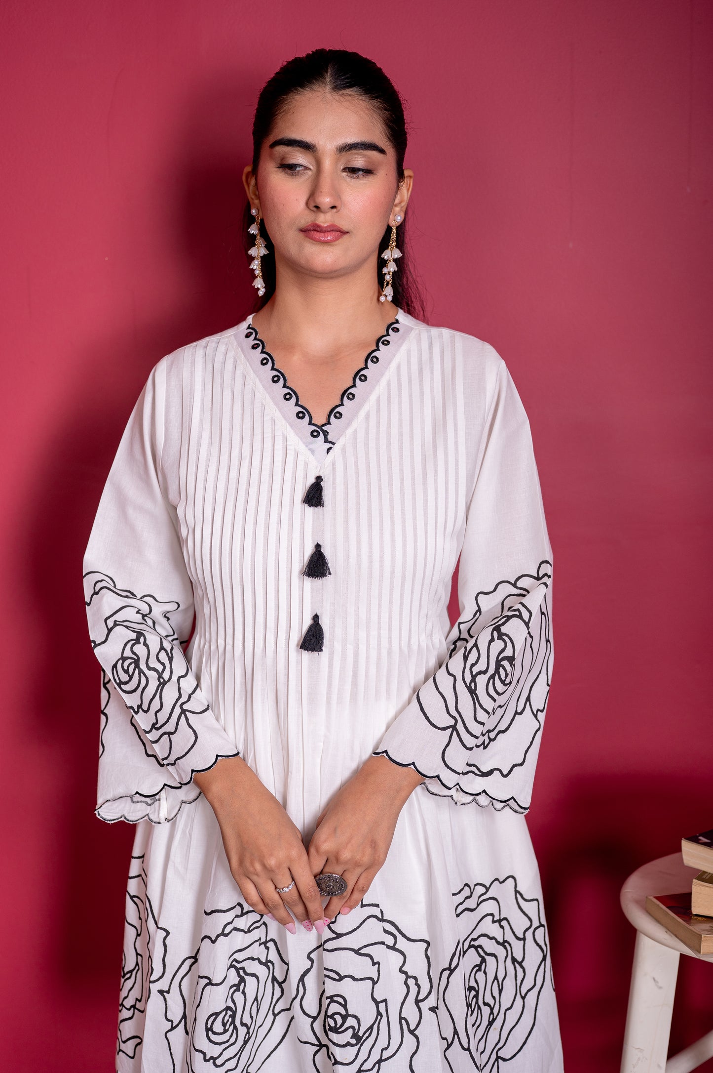 Embroidered Soft cotton Placement Print Flared White Kurta