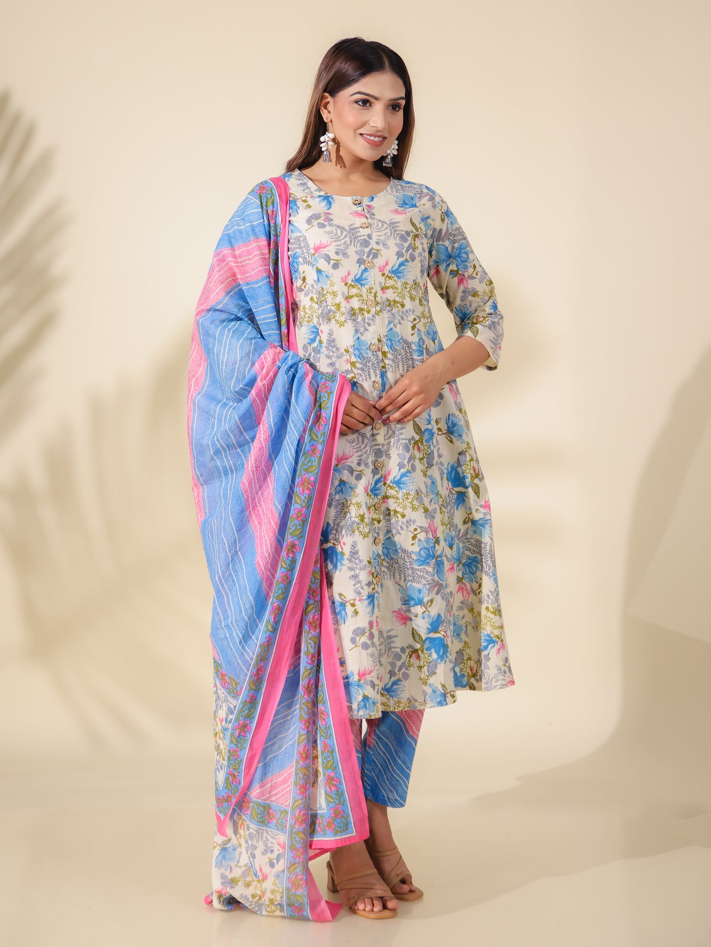 Soft Cotton Floral A-line Cream Kurta