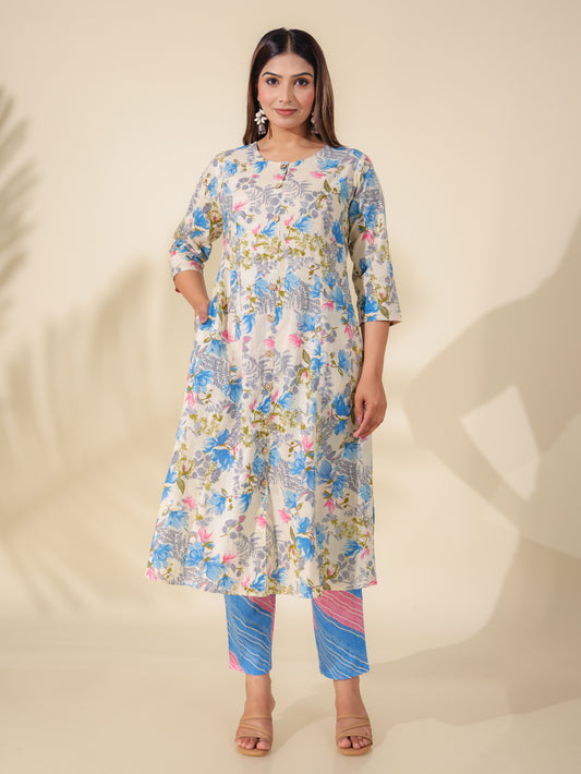 Soft Cotton Floral A-line Cream Kurta