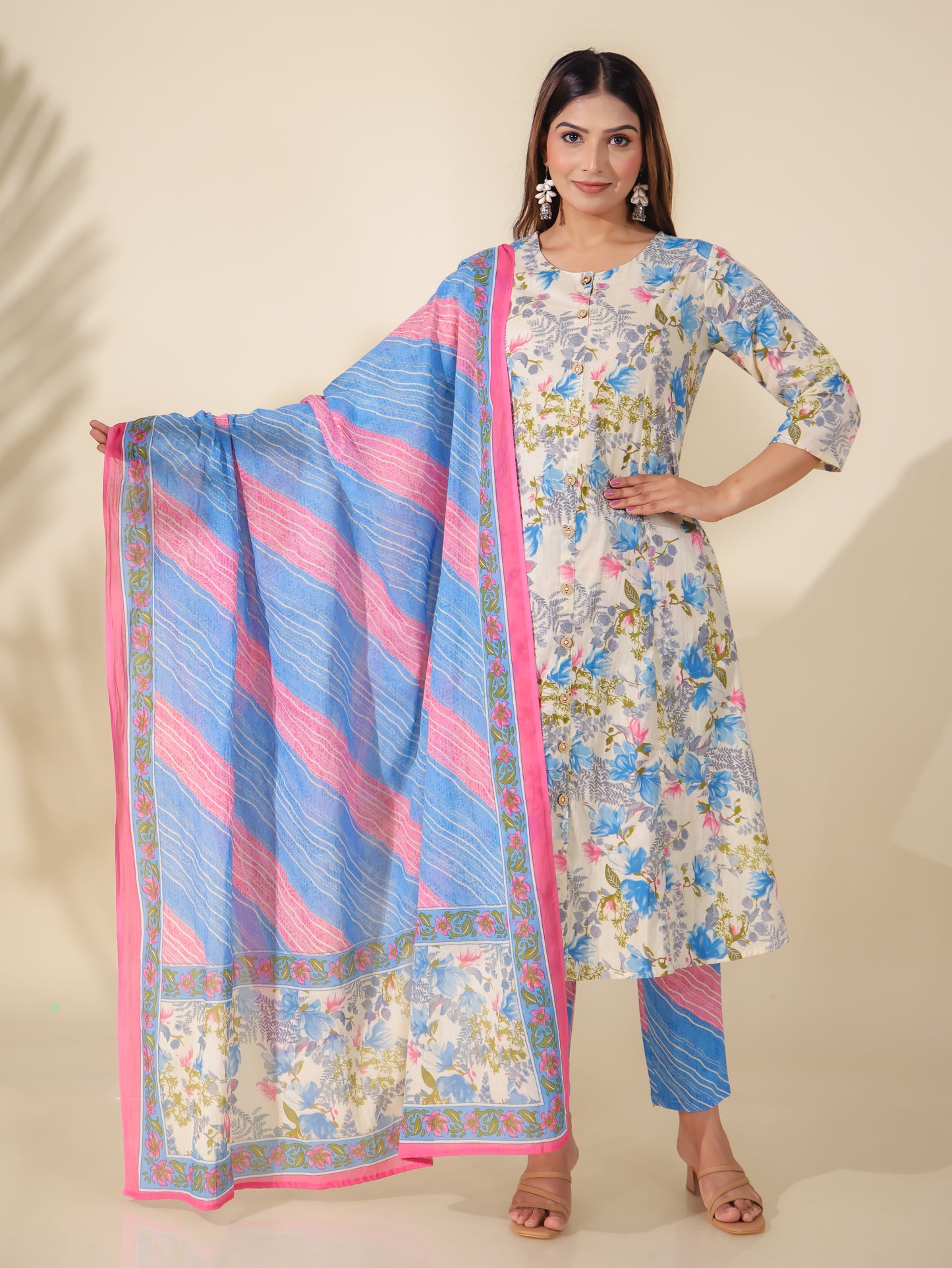 Soft Cotton Floral A-line Cream Kurta