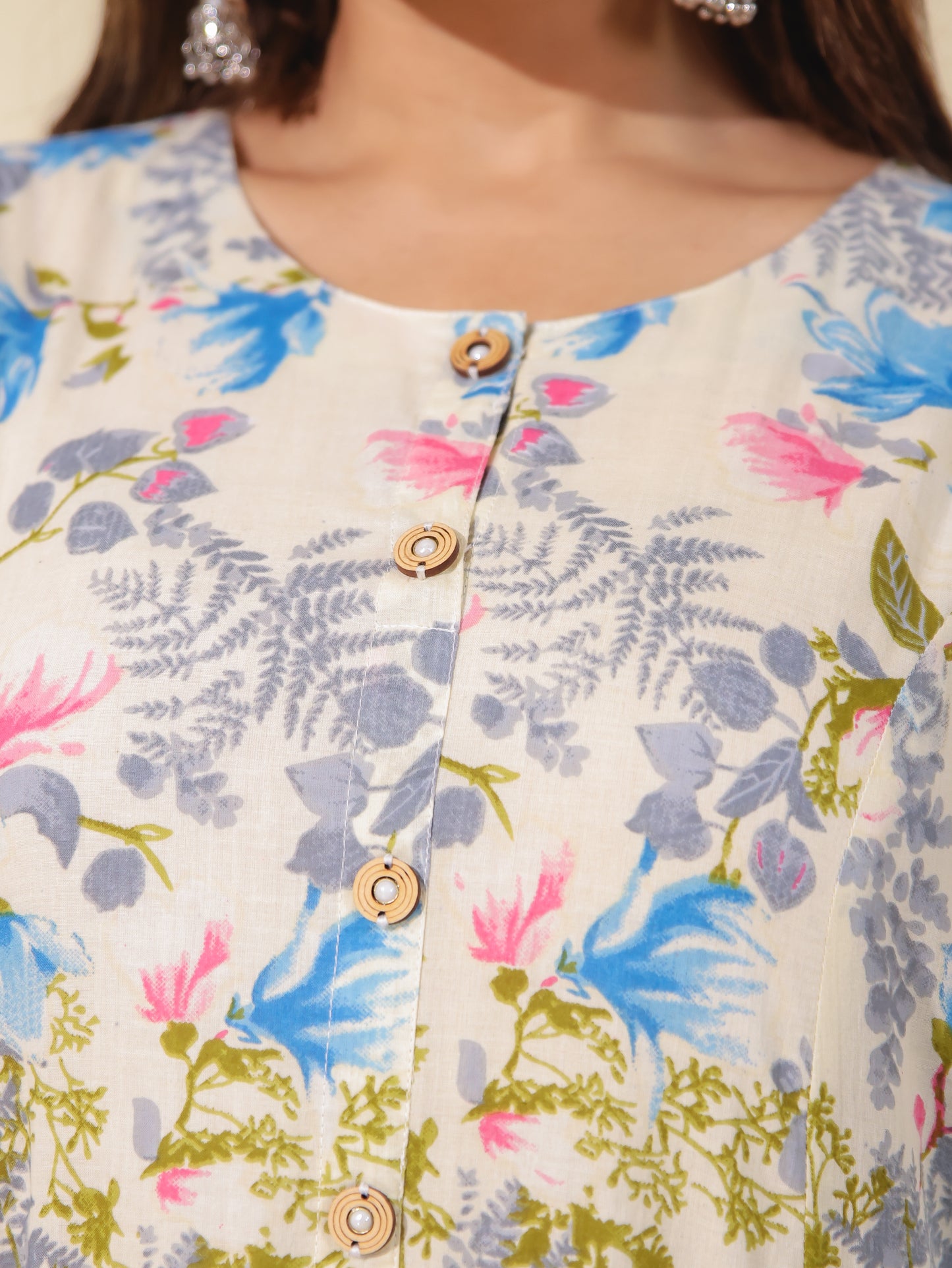 Soft Cotton Floral A-line Cream Kurta
