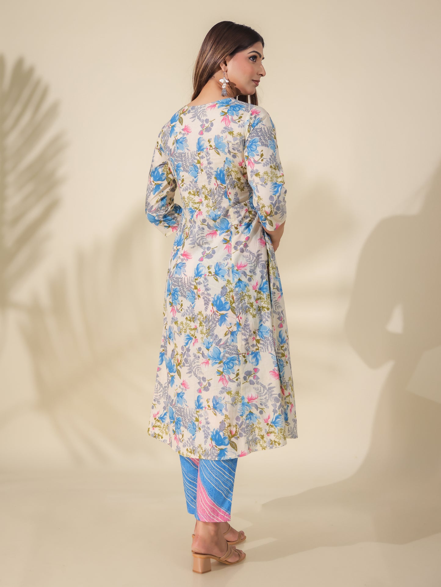 Soft Cotton Floral A-line Cream Kurta