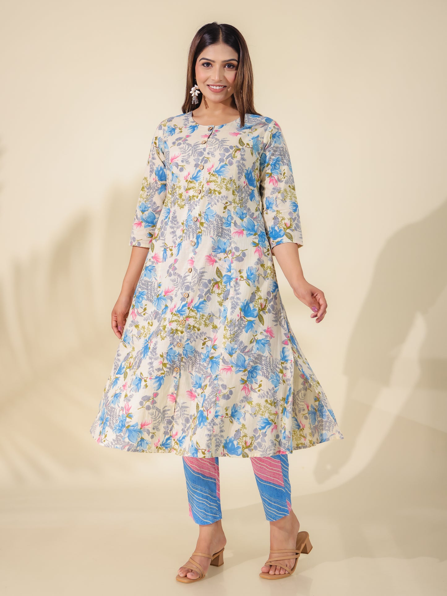 Soft Cotton Floral A-line Cream Kurta