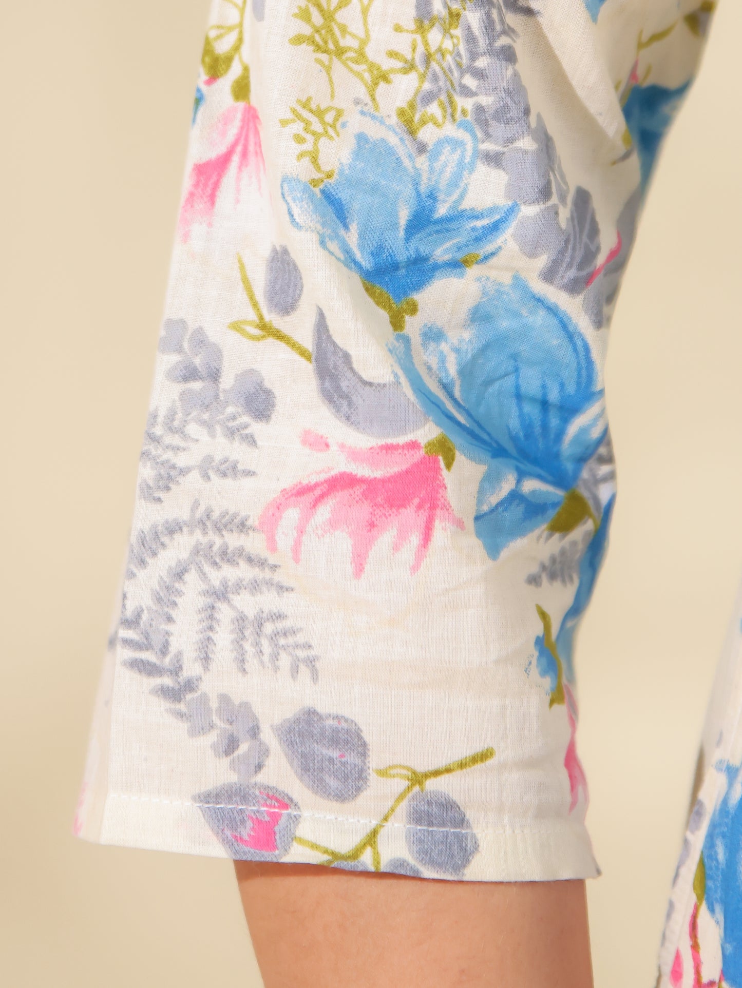 Soft Cotton Floral A-line Cream Kurta
