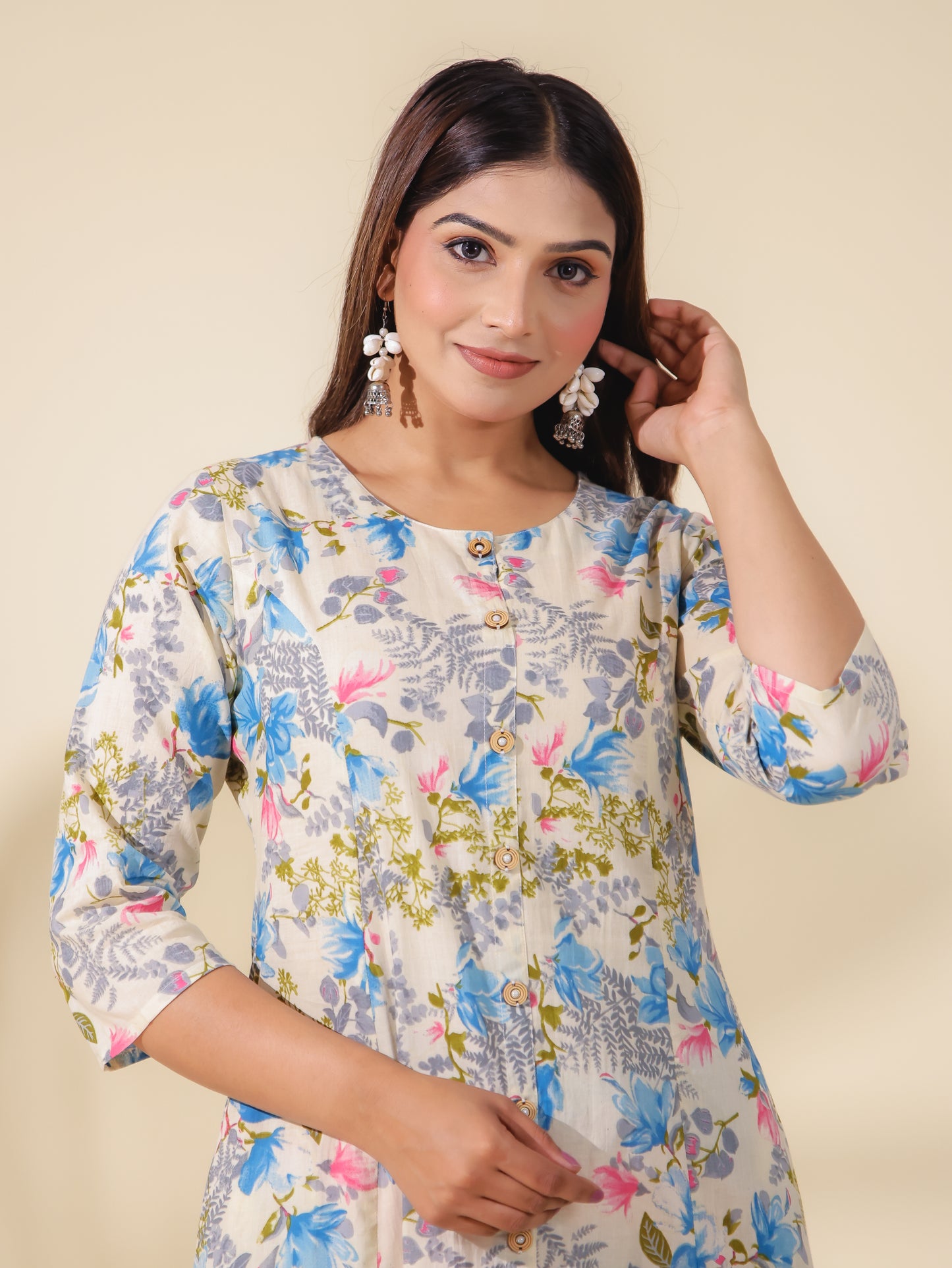 Soft Cotton Floral A-line Cream Kurta