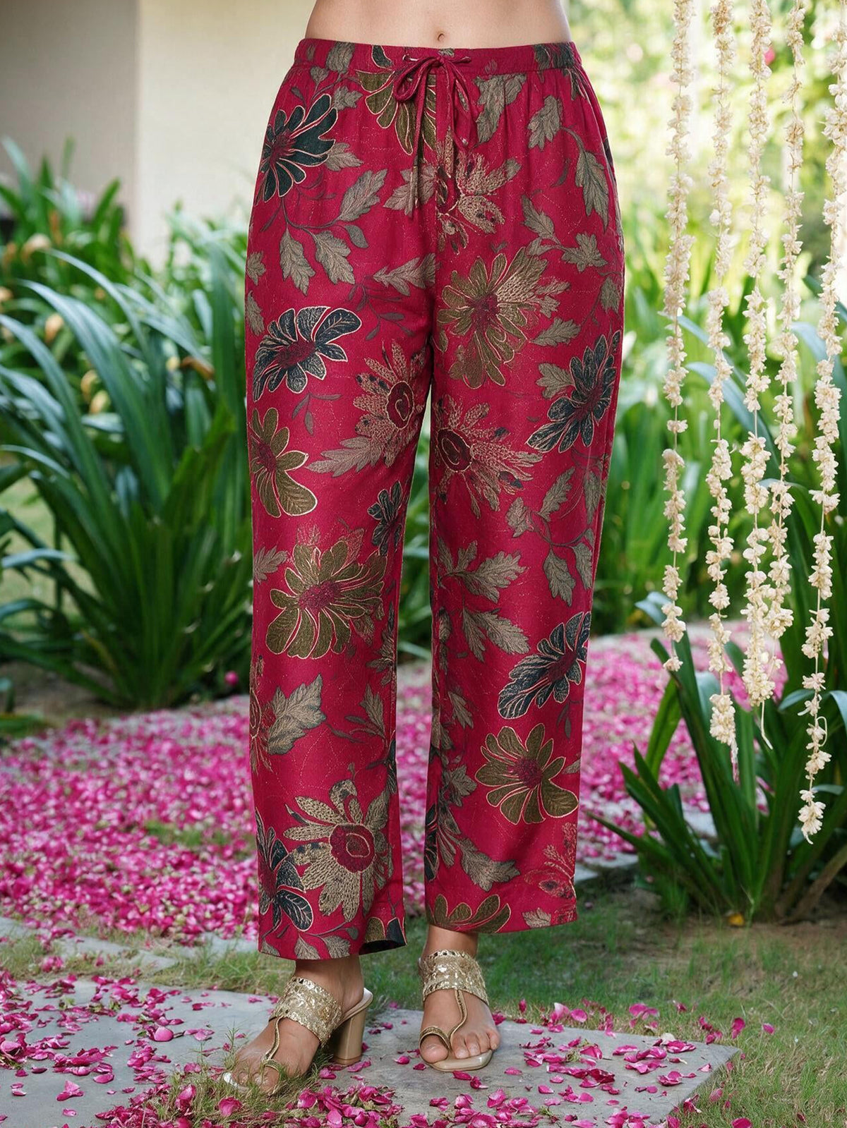 Blended Silk Floral Red Straight Trousers