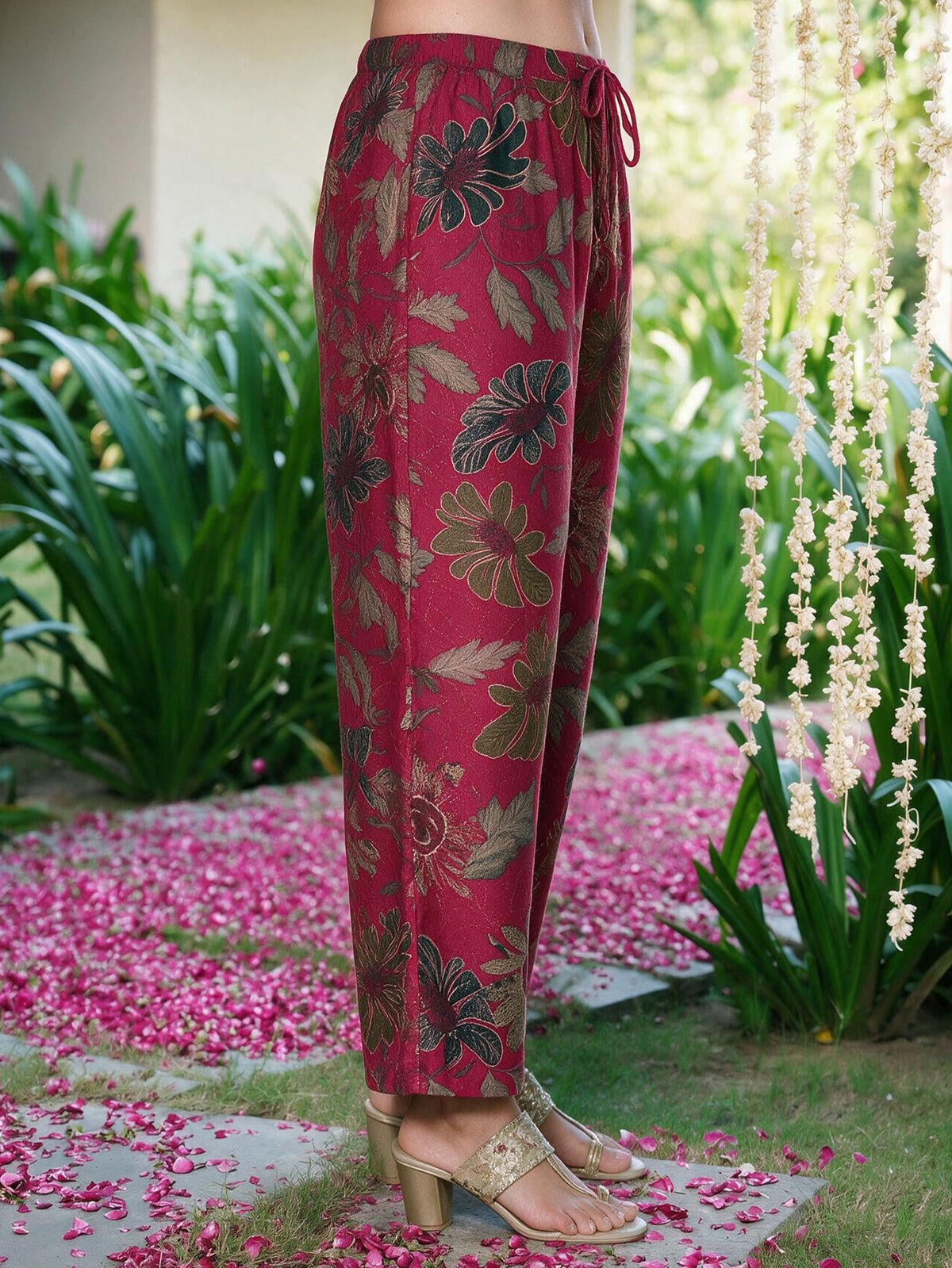 Blended Silk Floral Red Straight Trousers