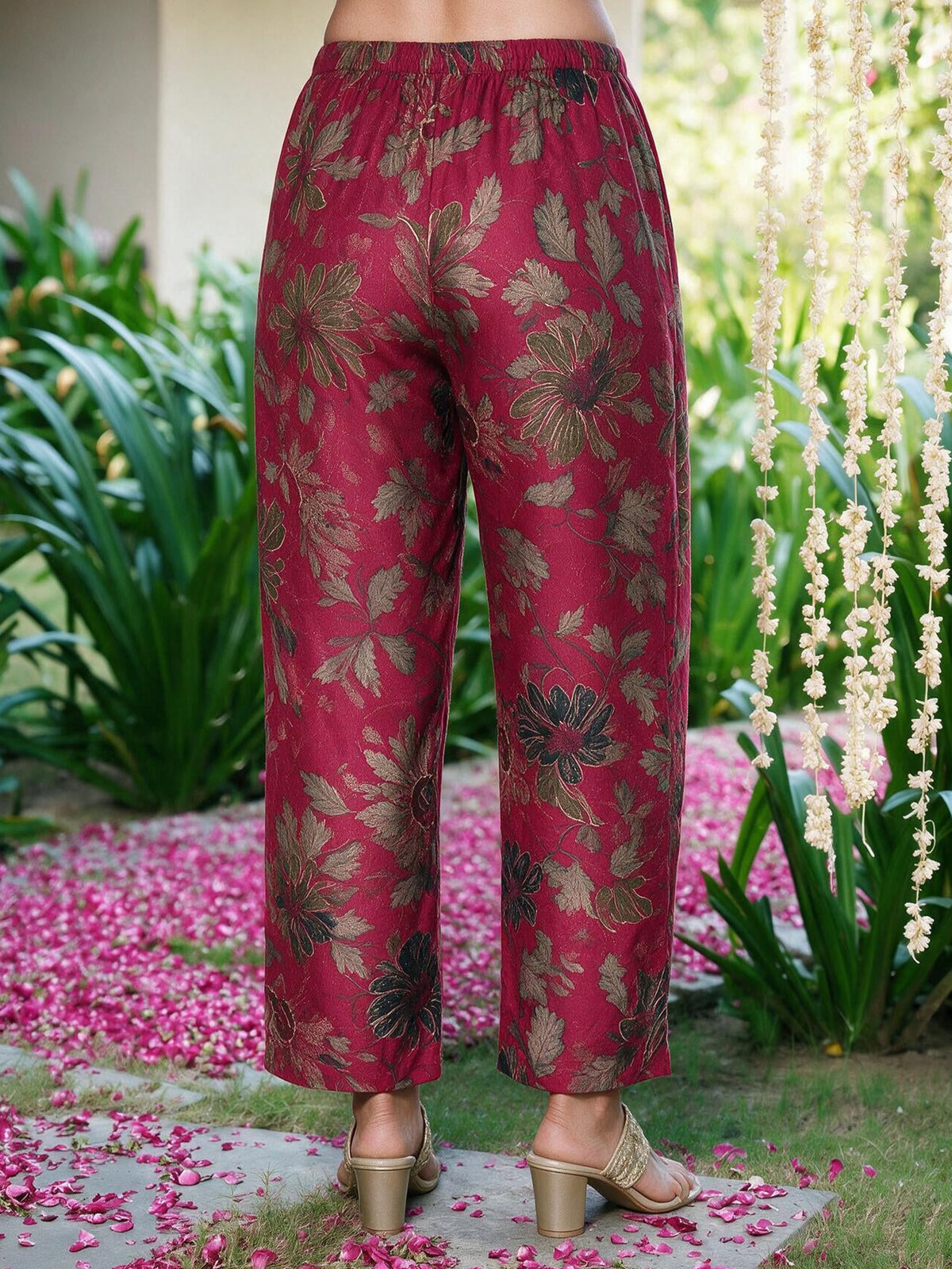 Blended Silk Floral Red Straight Trousers