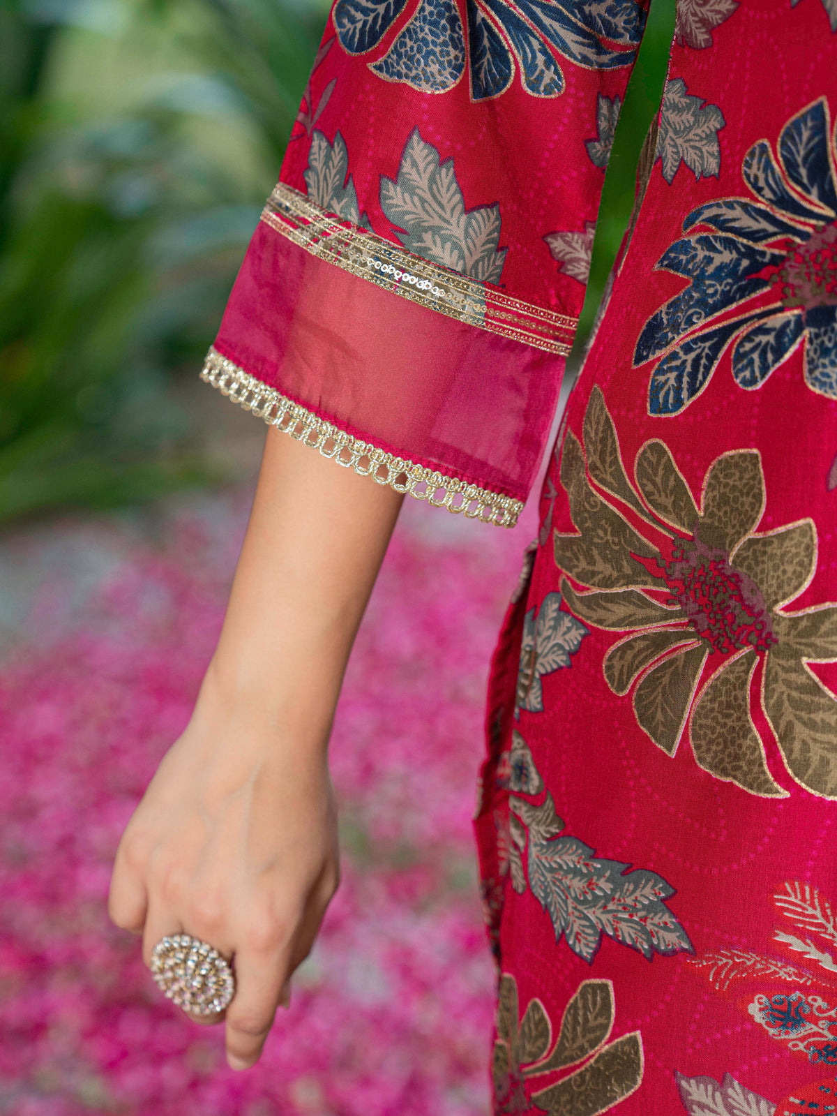 Embroidered Blended Silk Floral Straight Red Kurta