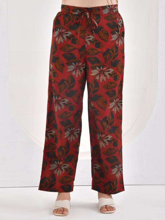 Soft cotton Floral Maroon Straight Trousers