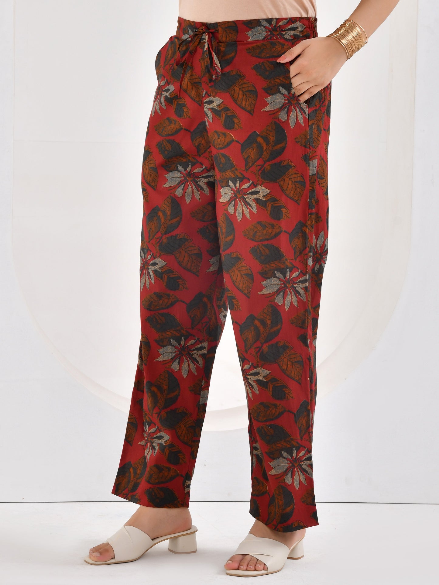 Soft cotton Floral Maroon Straight Trousers