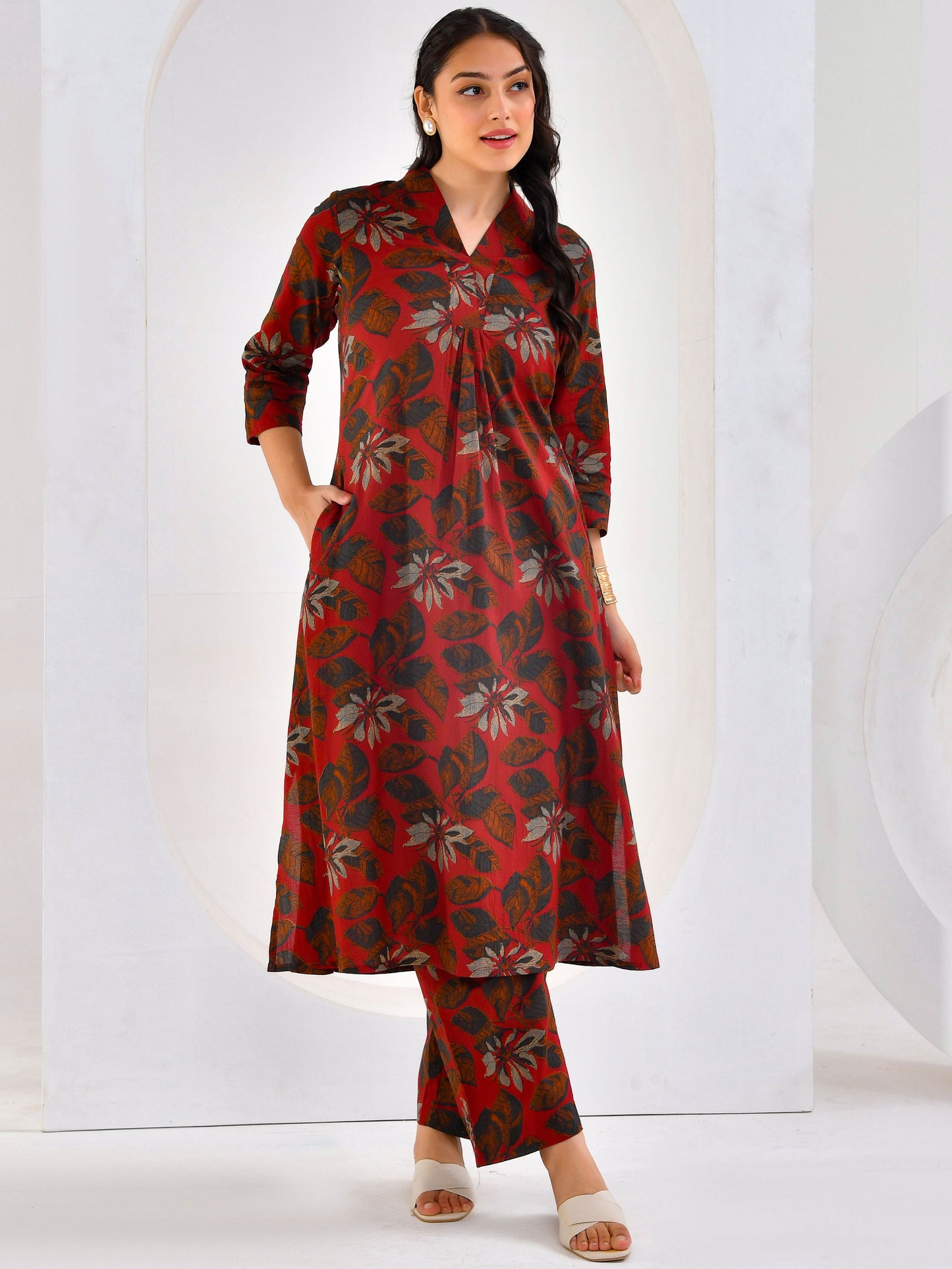 Soft cotton Floral A-line Maroon Kurta