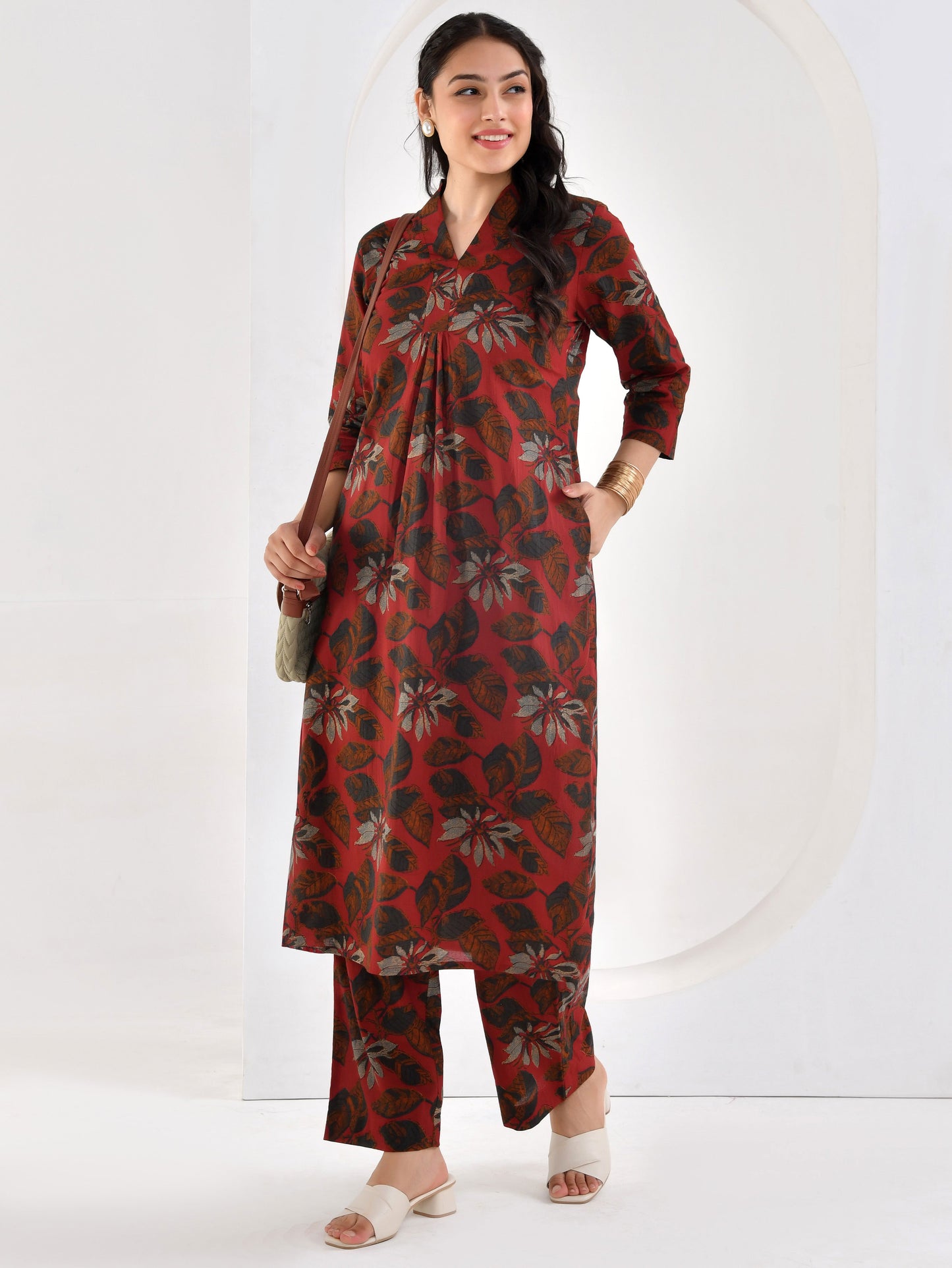 Soft cotton Floral A-line Maroon Kurta