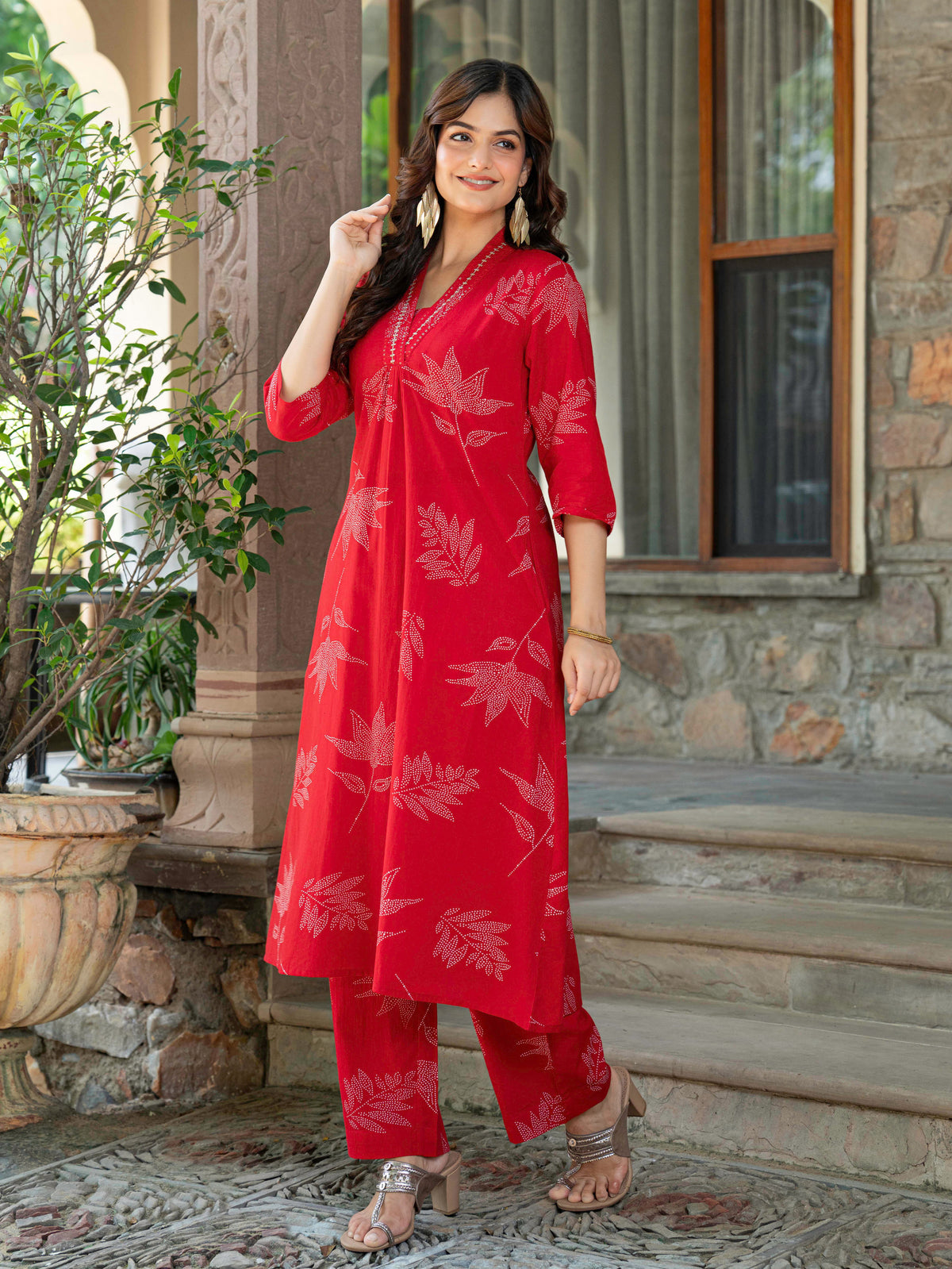 Embroidered Soft Cotton Foliage A-Line Red Kurta