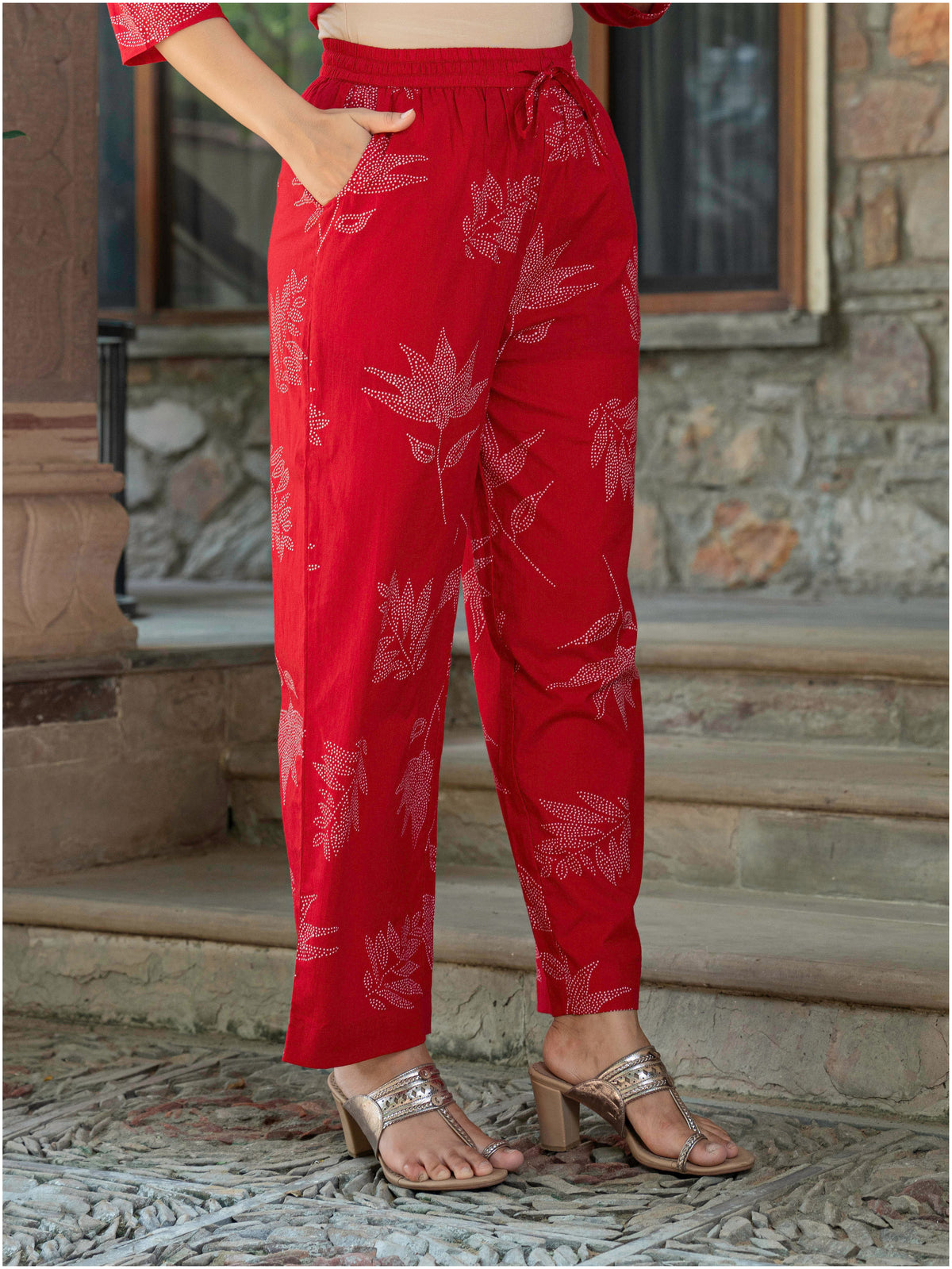 Embroidered Soft Cotton Foliage A-Line Red Kurta