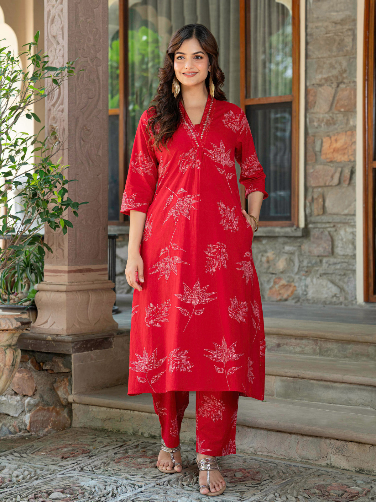 Embroidered Soft Cotton Foliage A-Line Red Kurta