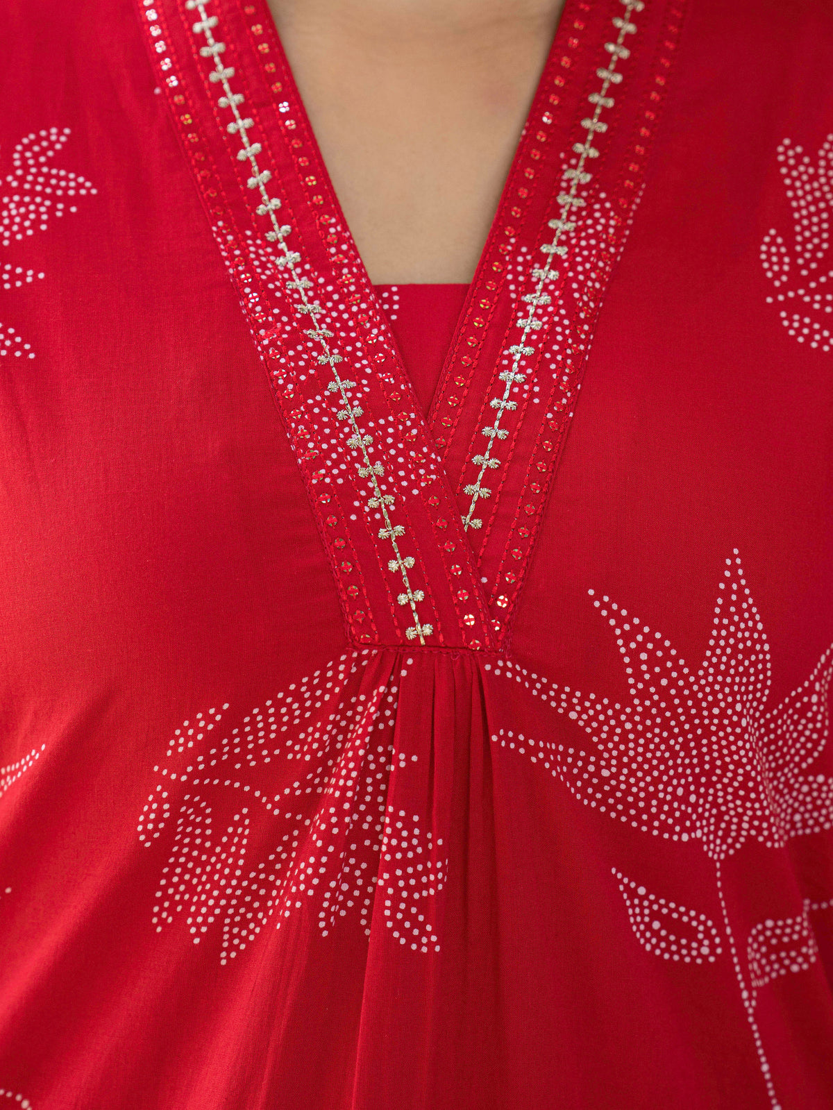 Embroidered Soft Cotton Foliage A-Line Red Kurta