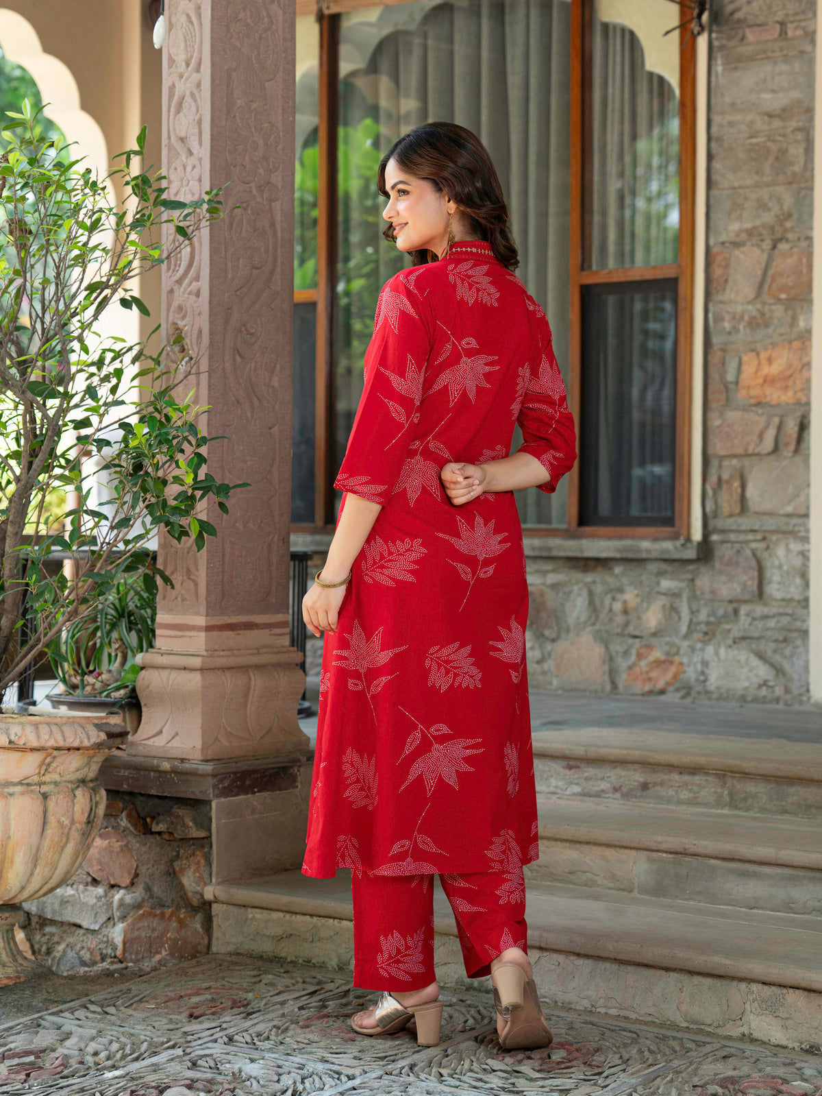 Embroidered Soft Cotton Foliage A-Line Red Kurta