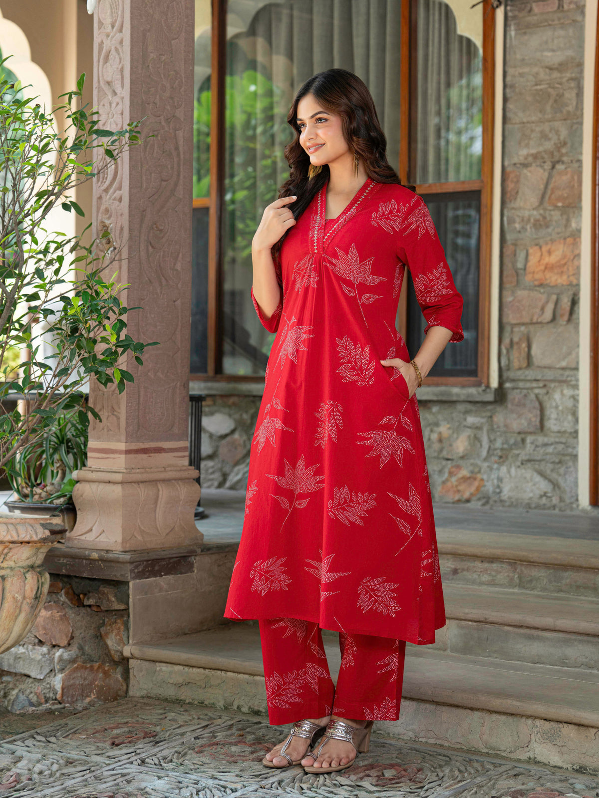 Embroidered Soft Cotton Foliage A-Line Red Kurta
