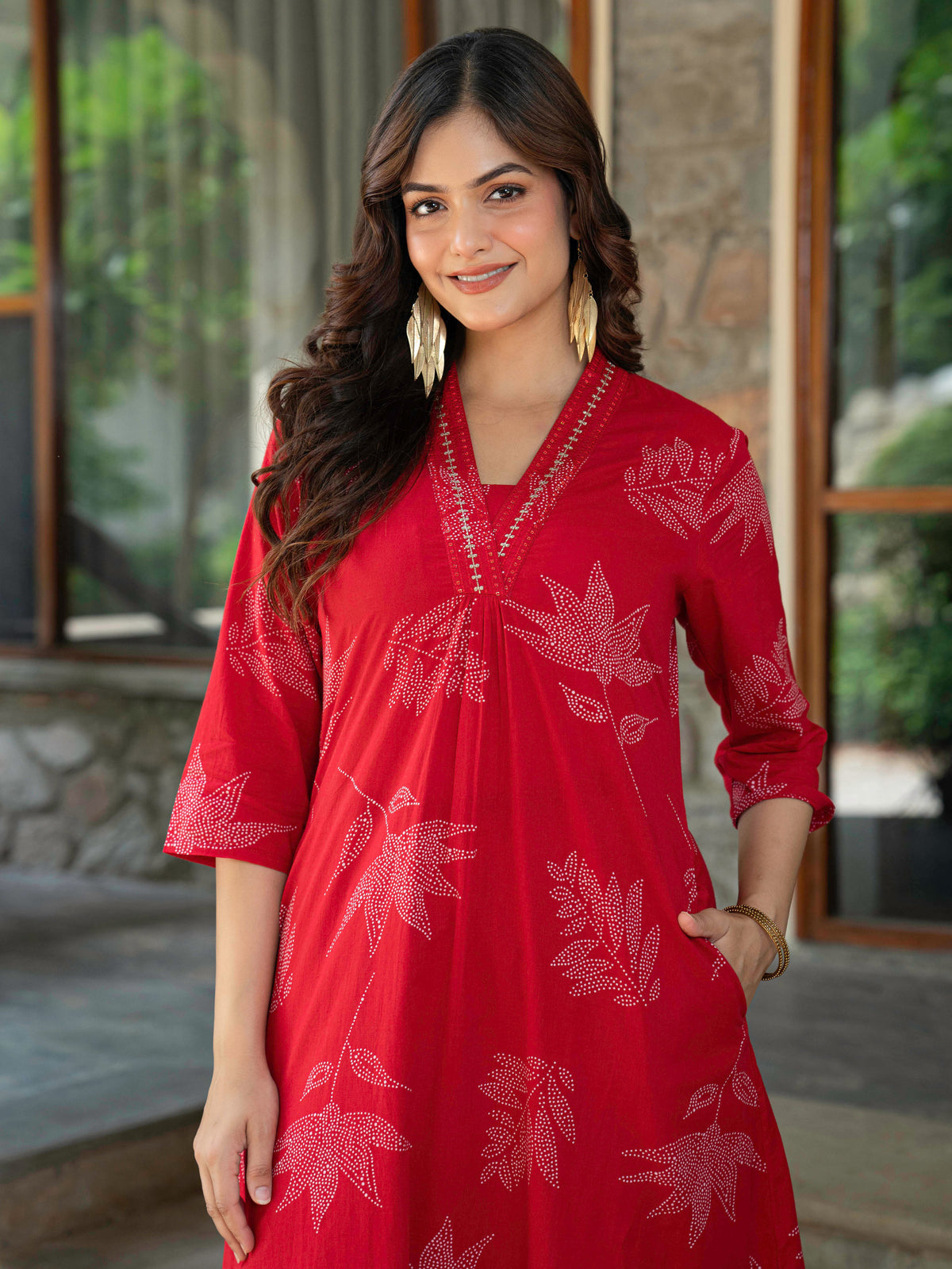 Embroidered Soft Cotton Foliage A-Line Red Kurta
