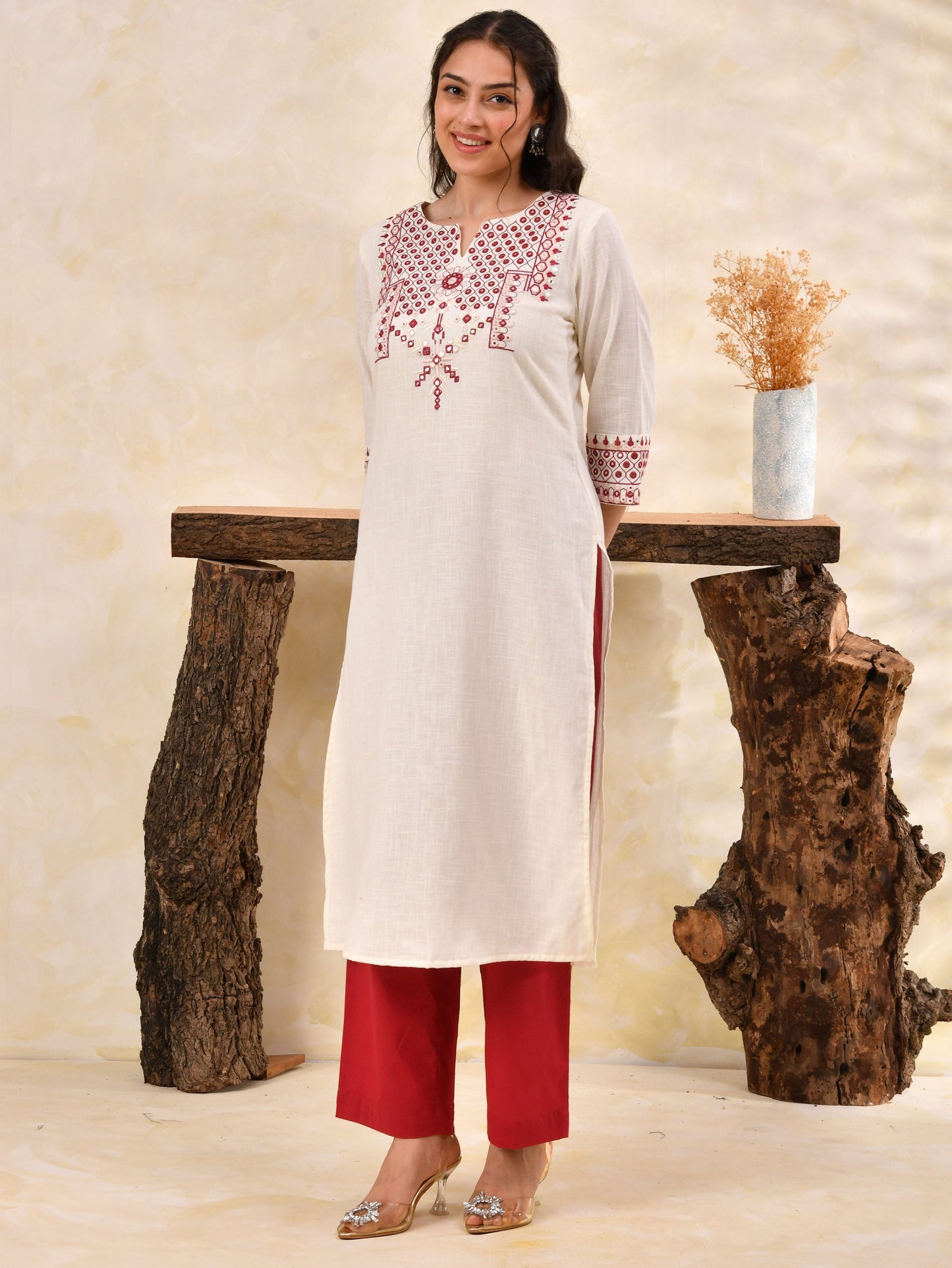 Embroidered Slub cotton Solid Straight Off White Kurta
