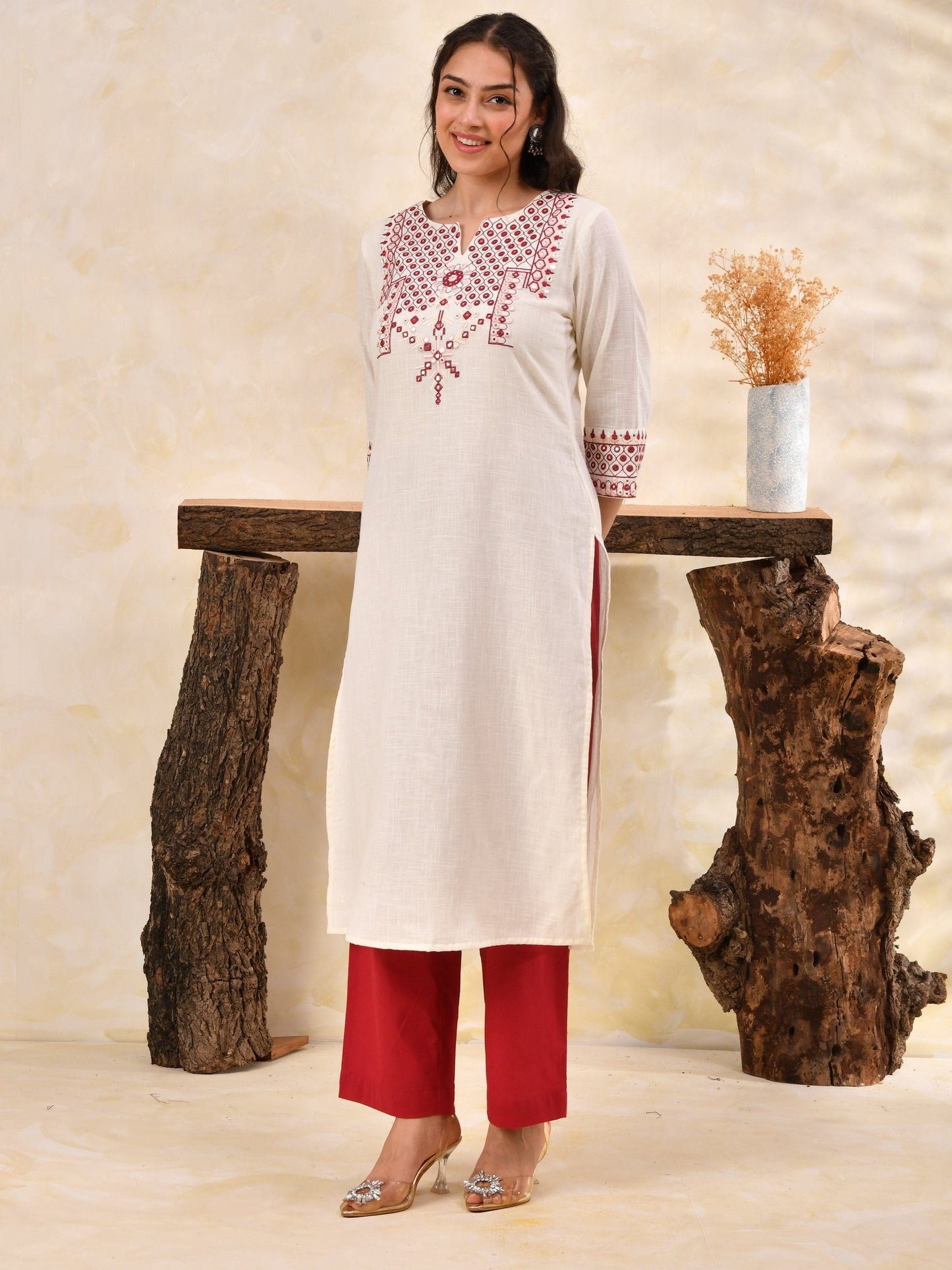 Embroidered Slub cotton Solid Straight Off White Kurta