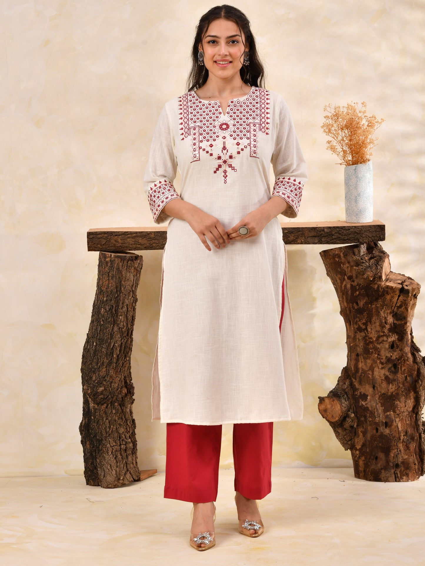Embroidered Slub cotton Solid Straight Off White Kurta