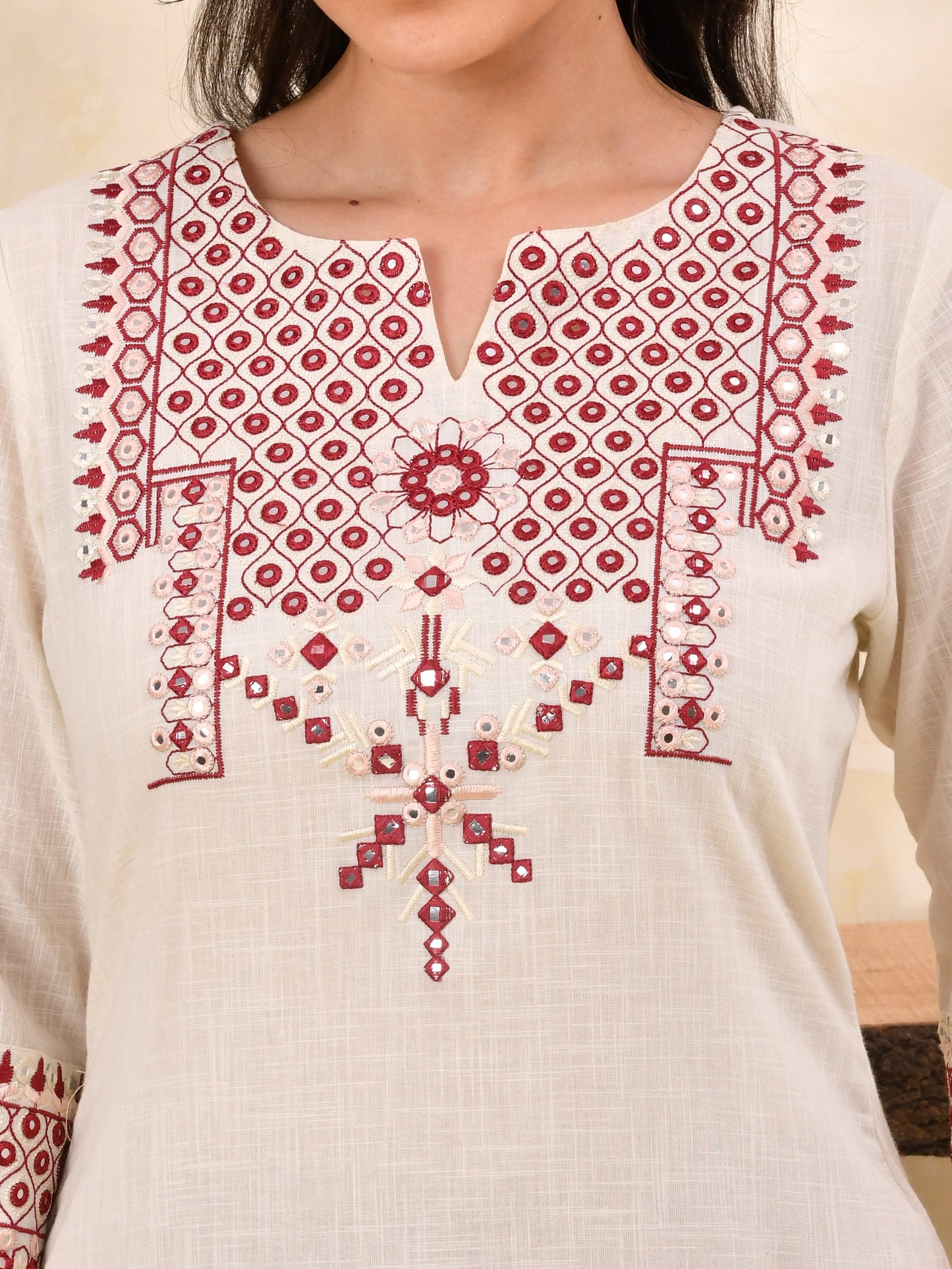 Embroidered Slub cotton Solid Straight Off White Kurta
