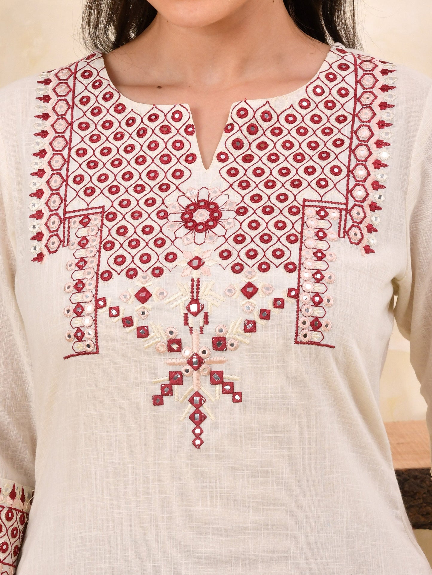 Embroidered Slub cotton Solid Straight Off White Kurta