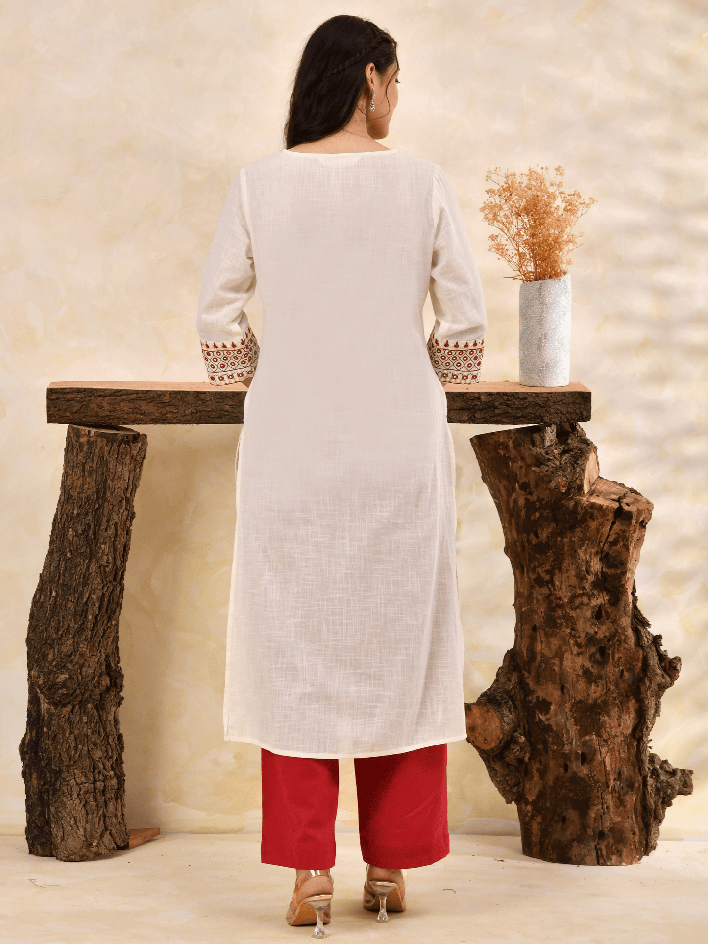 Embroidered Slub cotton Solid Straight Off White Kurta
