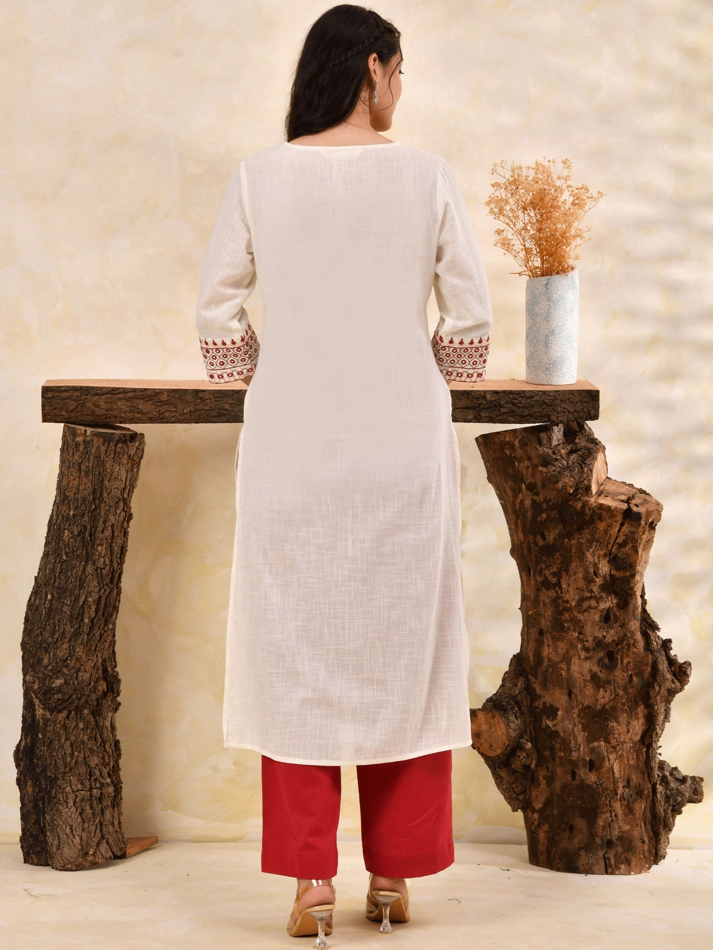 Embroidered Slub cotton Solid Straight Off White Kurta