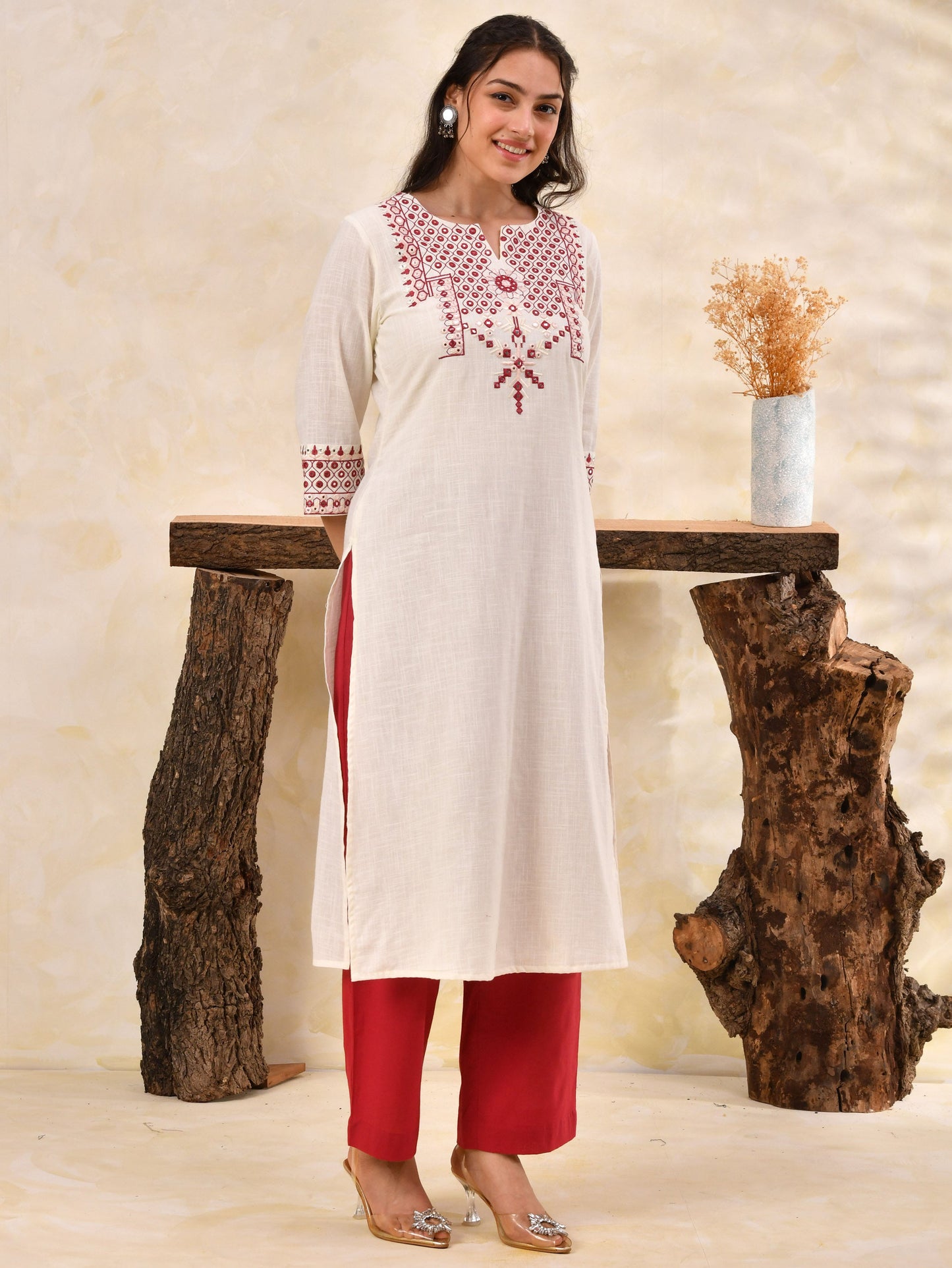 Embroidered Slub cotton Solid Straight Off White Kurta