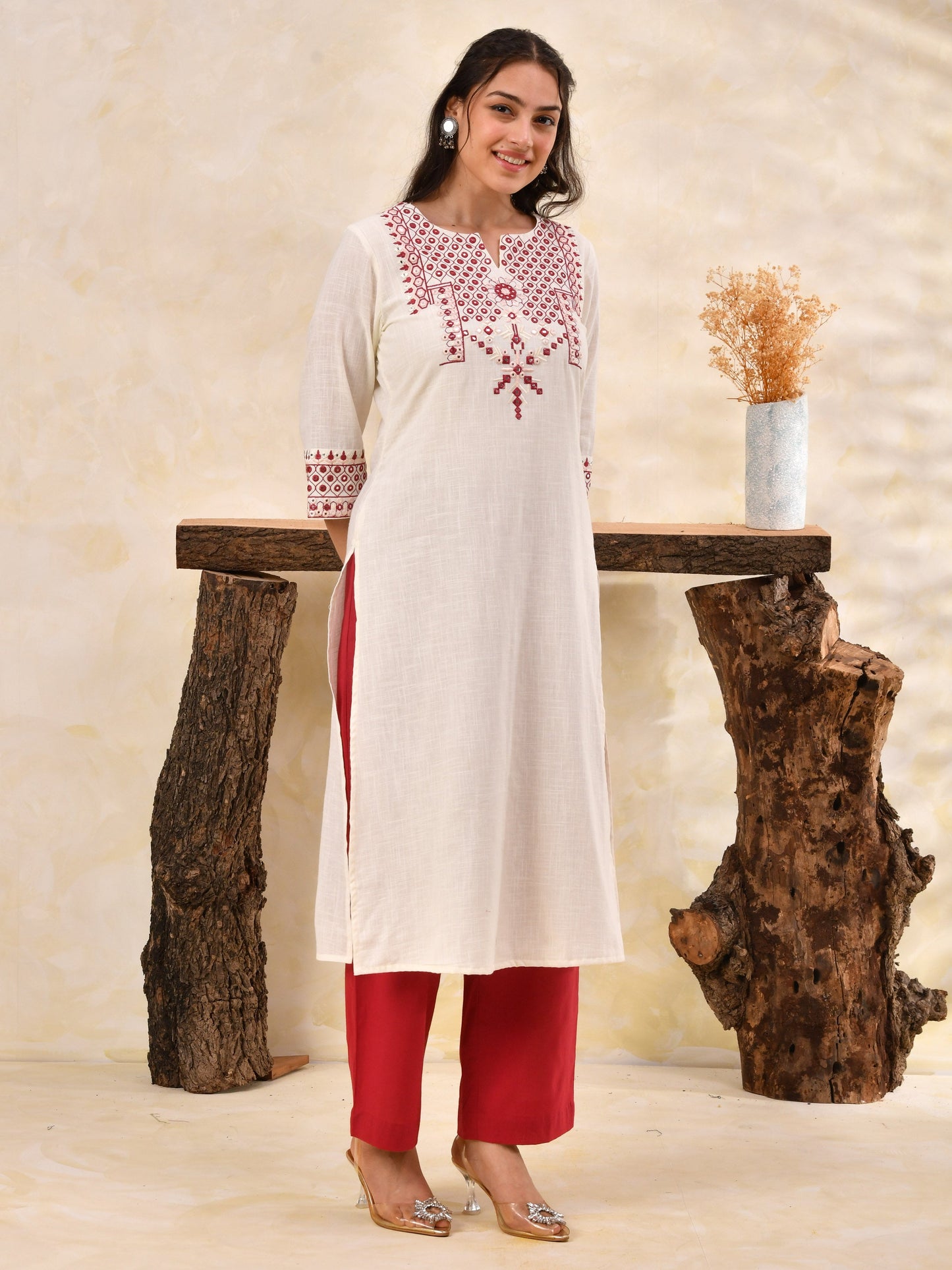 Embroidered Slub cotton Solid Straight Off White Kurta