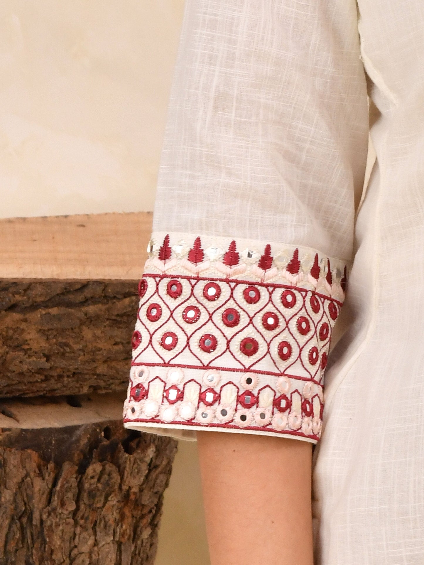 Embroidered Slub cotton Solid Straight Off White Kurta