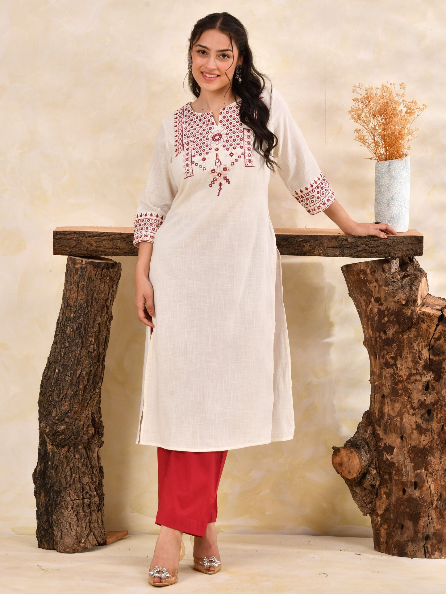 Embroidered Slub cotton Solid Straight Off White Kurta