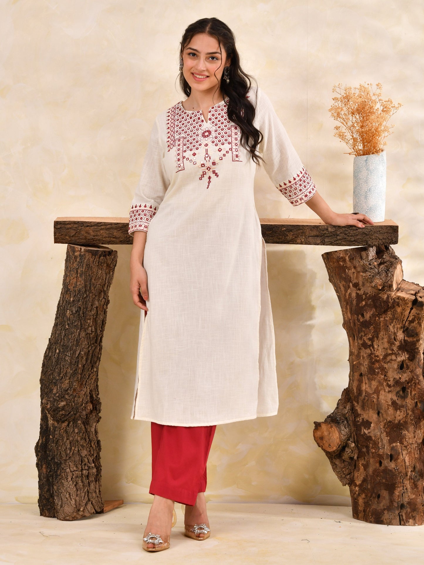Embroidered Slub cotton Solid Straight Off White Kurta