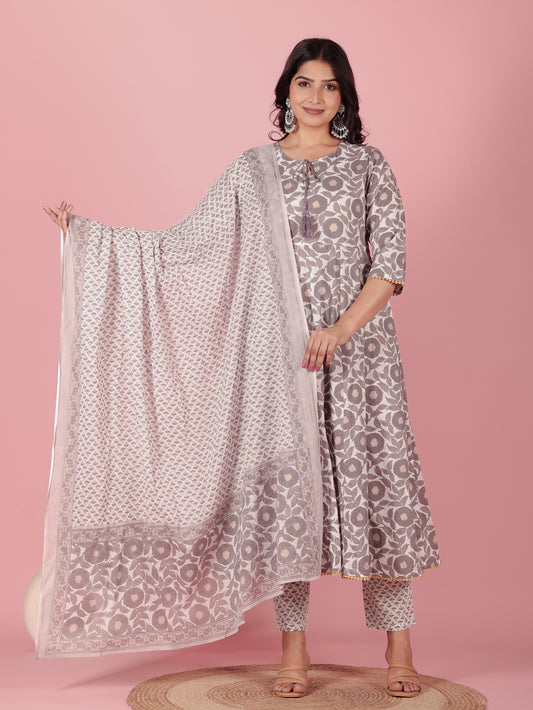 Cotton Voile Floral Grey Dupatta