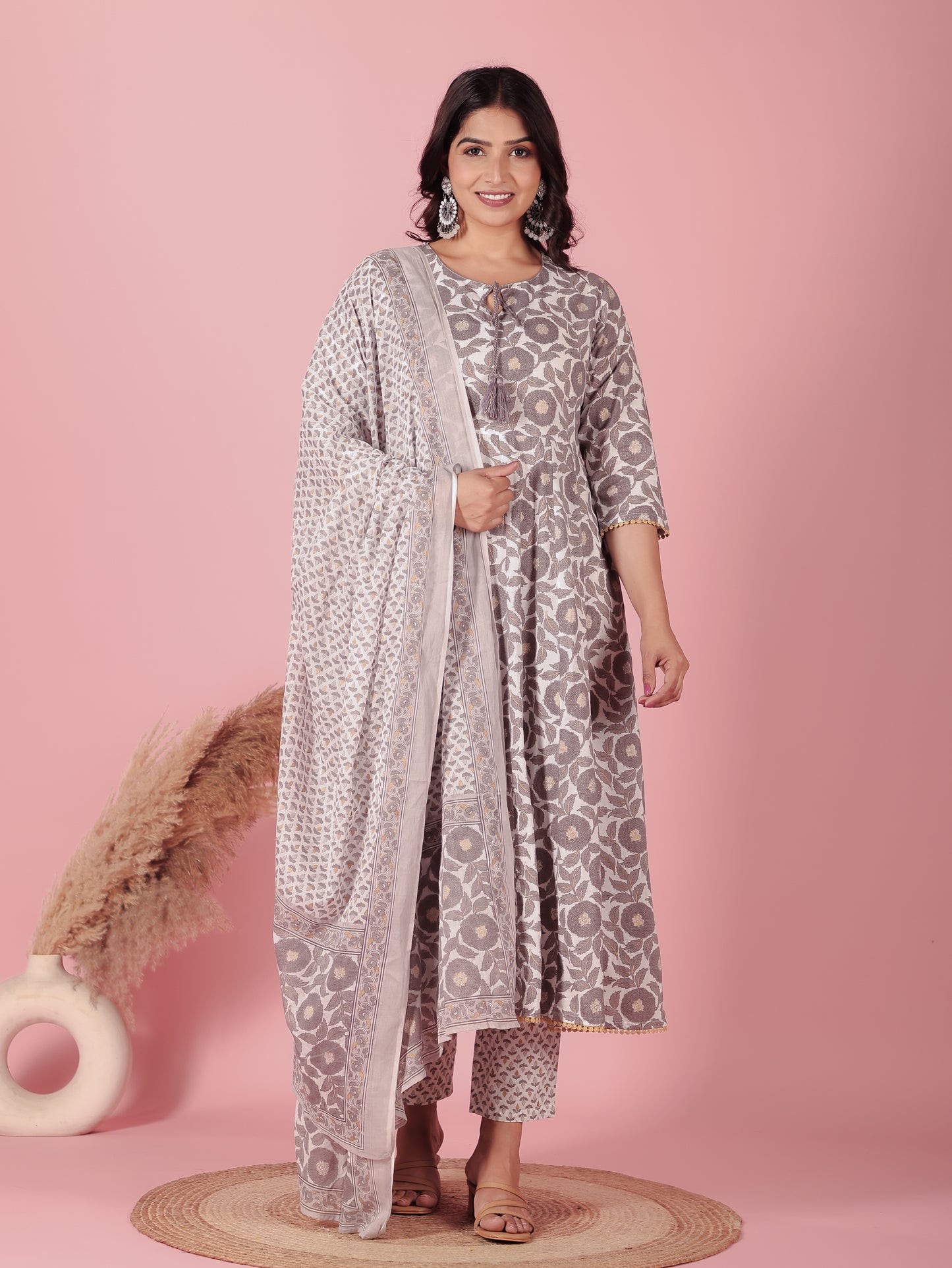 Cotton Voile Floral Grey Dupatta
