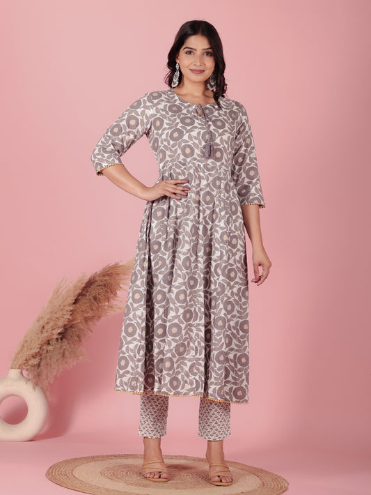 Soft Cotton Floral Anarkali Grey Kurta