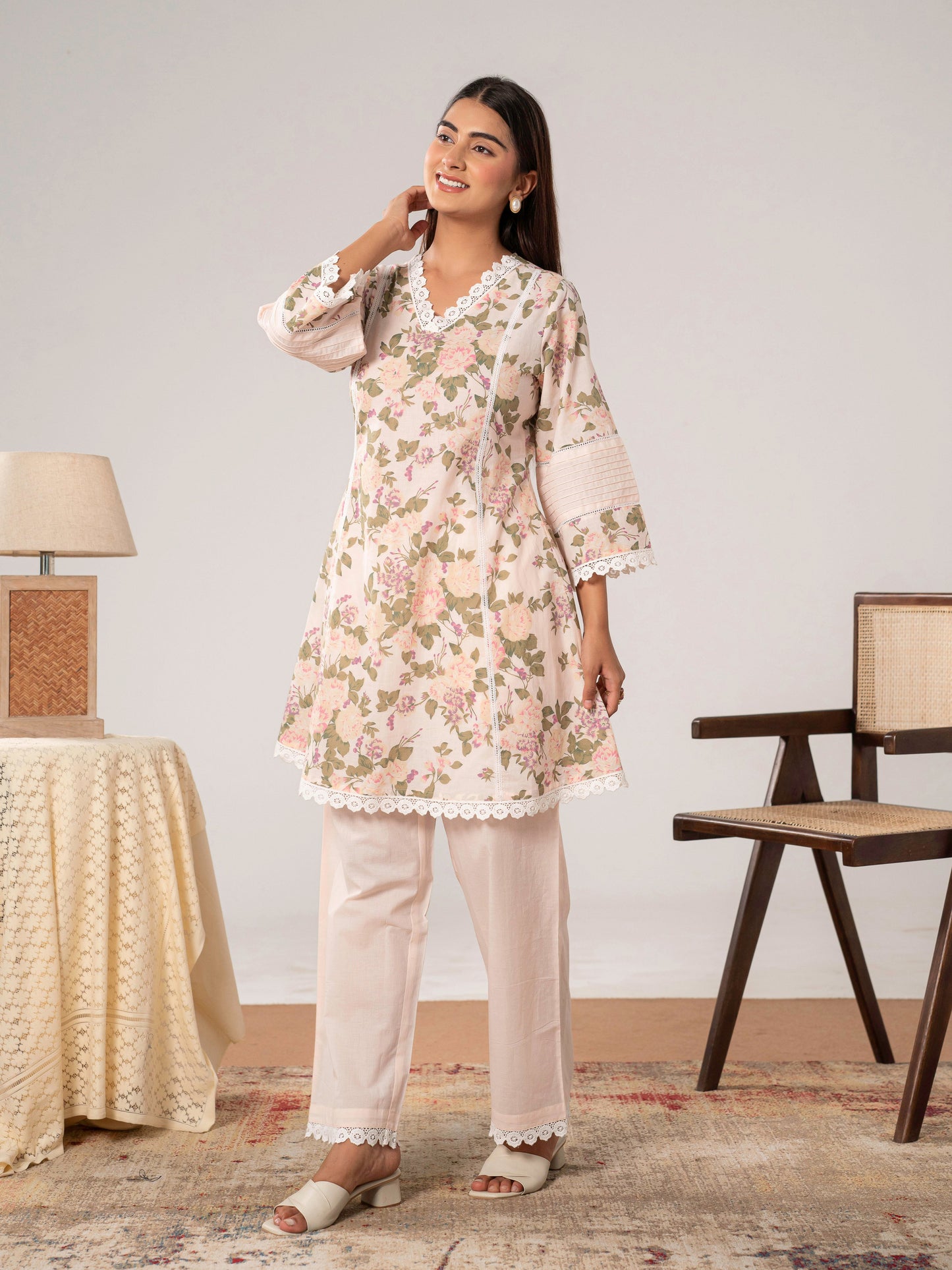Soft cotton Floral A-line Pink Kurta