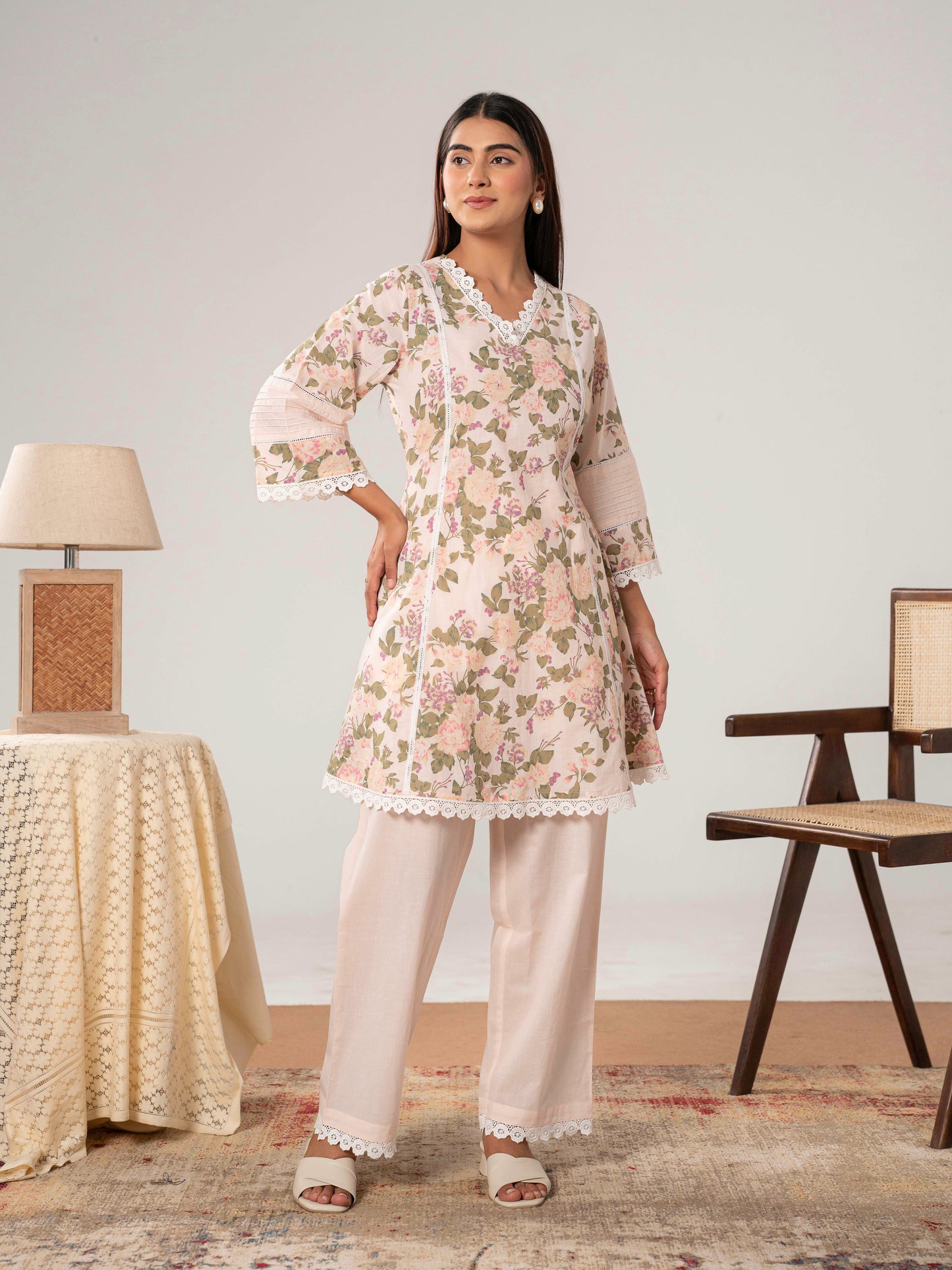 Soft cotton Floral A-line Pink Kurta